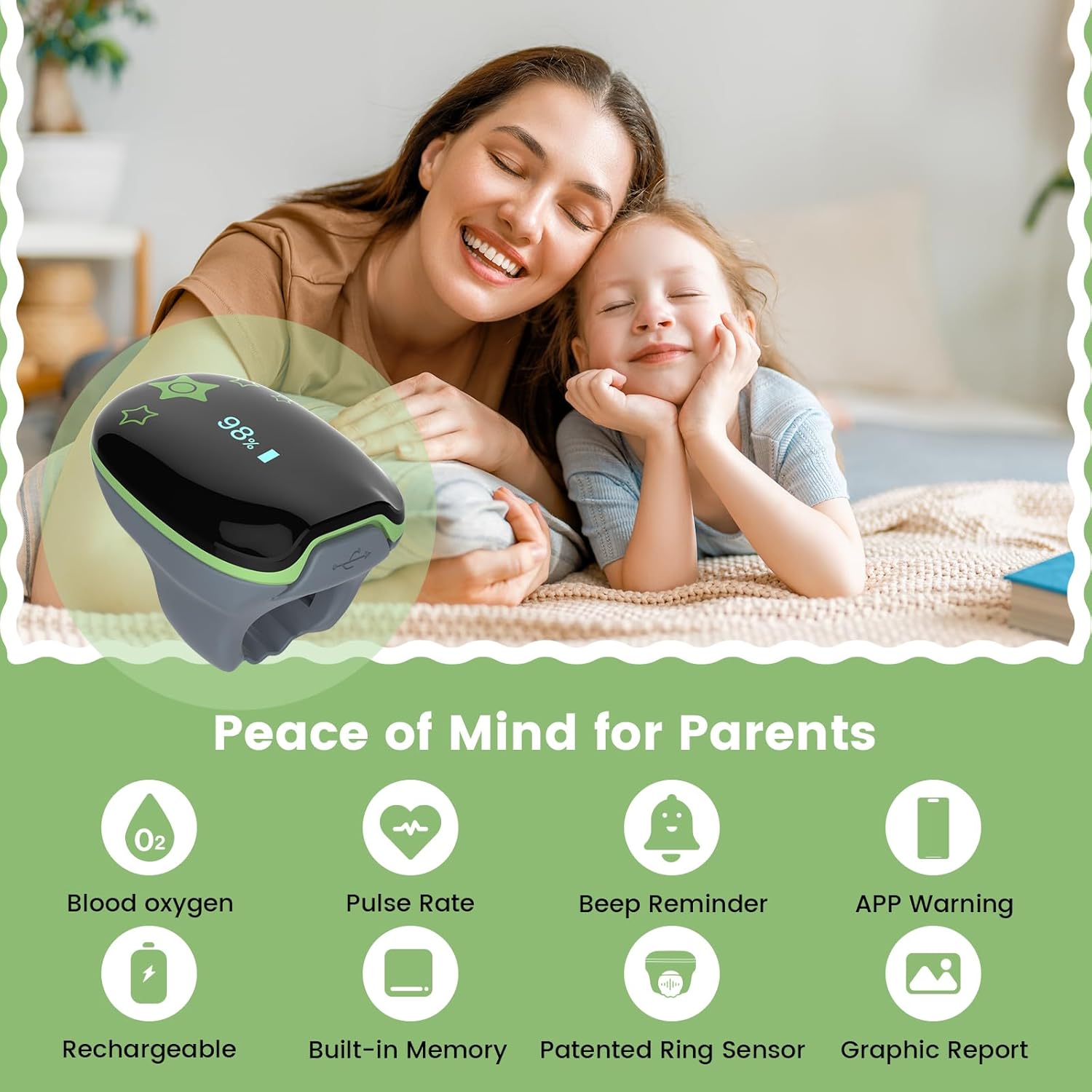Tragbarer Gesundheitsmonitor für Kinder, KidsO2 Ring, tragbares Pulsoximeter, Bluetooth-Schlafmonitor, Gesundheitstracker mit App und PC-Bericht – Bild 2
