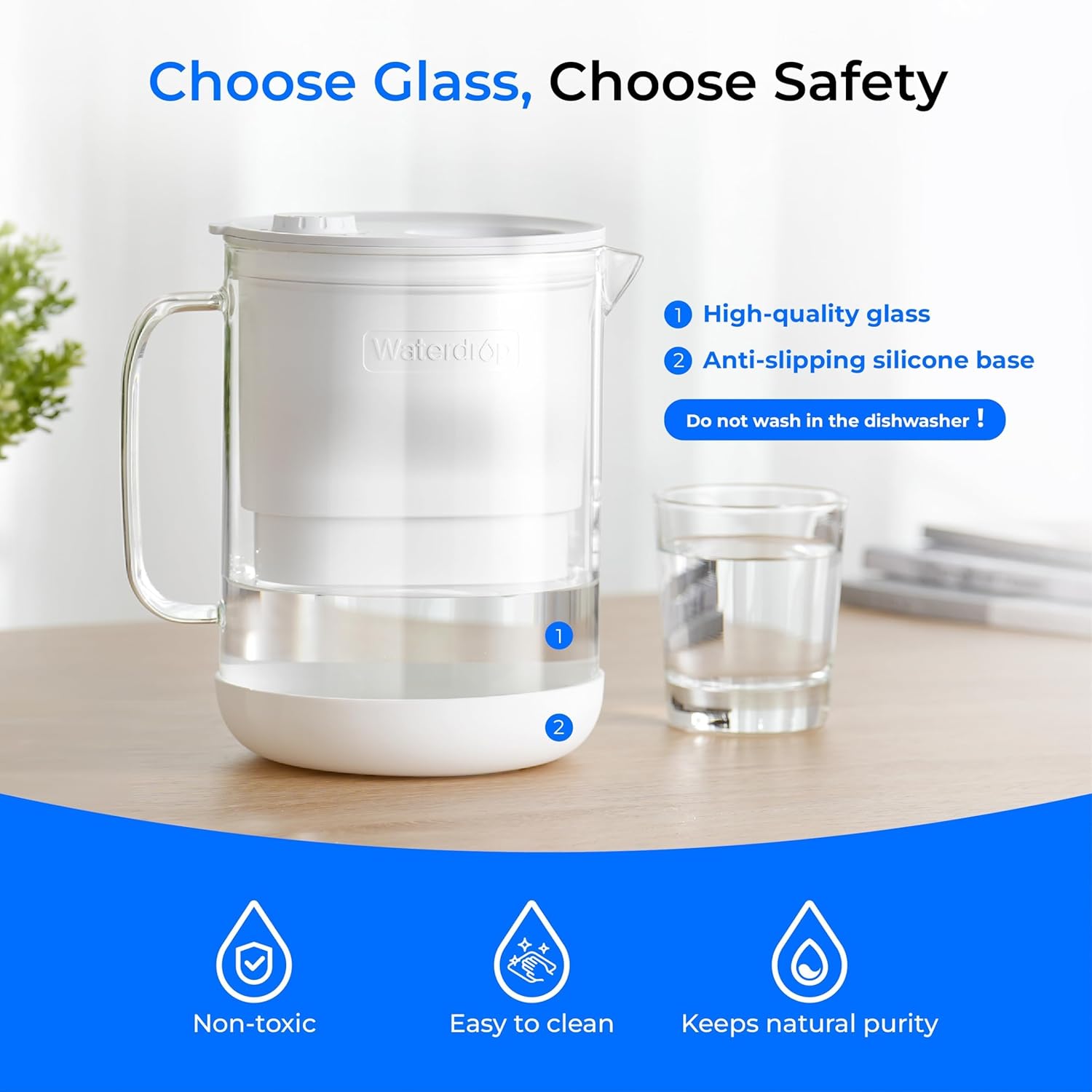 Waterdrop GGLÄSSE WD-PT-72W Wasserfilterkanne, 1,5 l Wasserfilterkanne mit 2-Monats-Filter, NSF 53&42&372 zertifiziert, reduziert PFOA/PFOS, Chlor, Cadmium, Kupfer, Quecksilber, WD-PT-72W – Bild 2