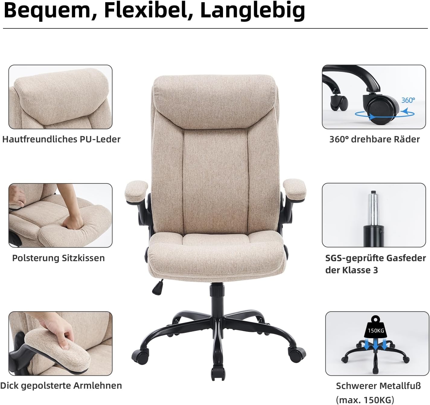 MZLEE Ergonomischer Bürostuhl, Computerstuhl, Schreibtischstuhl, drehbarer Arbeitsstuhl mit hochklappbarer Armlehne, höhenverstellbar, bequem für Büro, Zuhause, Gaming (beiger Stoff) – Bild 6