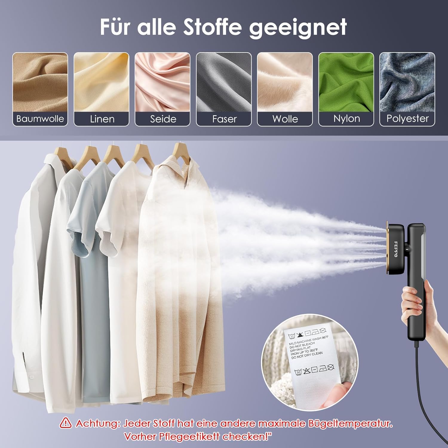 FEPPO Steamer Dampfglätter, 110–240 V Dual-Voltage-Reisedampfer, 2-in-1 tragbarer Handdampfer und Dampfbügeleisen, 15 Sekunden schnelles Aufheizen, 1100 W Dampfbürste für weltweite Reisen und Urlaub – Bild 6