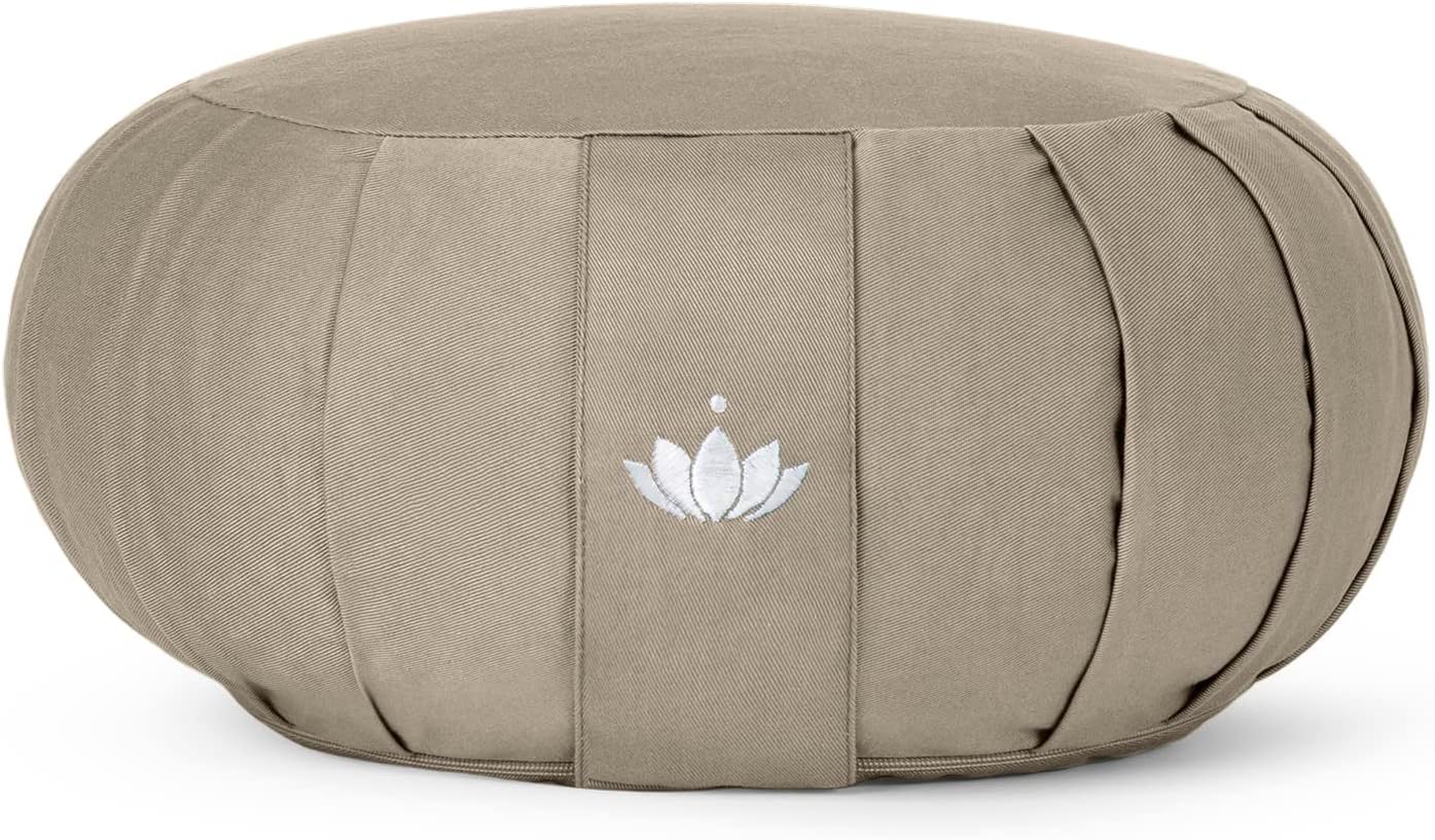 Lotuscrafts Zafu Zen Meditationskissen, Yogakissen, Sitzhöhe 15 cm, Yoga Zafu Kissen mit Dinkelfüllung, waschbarer Bezug aus Bio-Baumwolle, GOTS zertifiziert, mit Stickerei