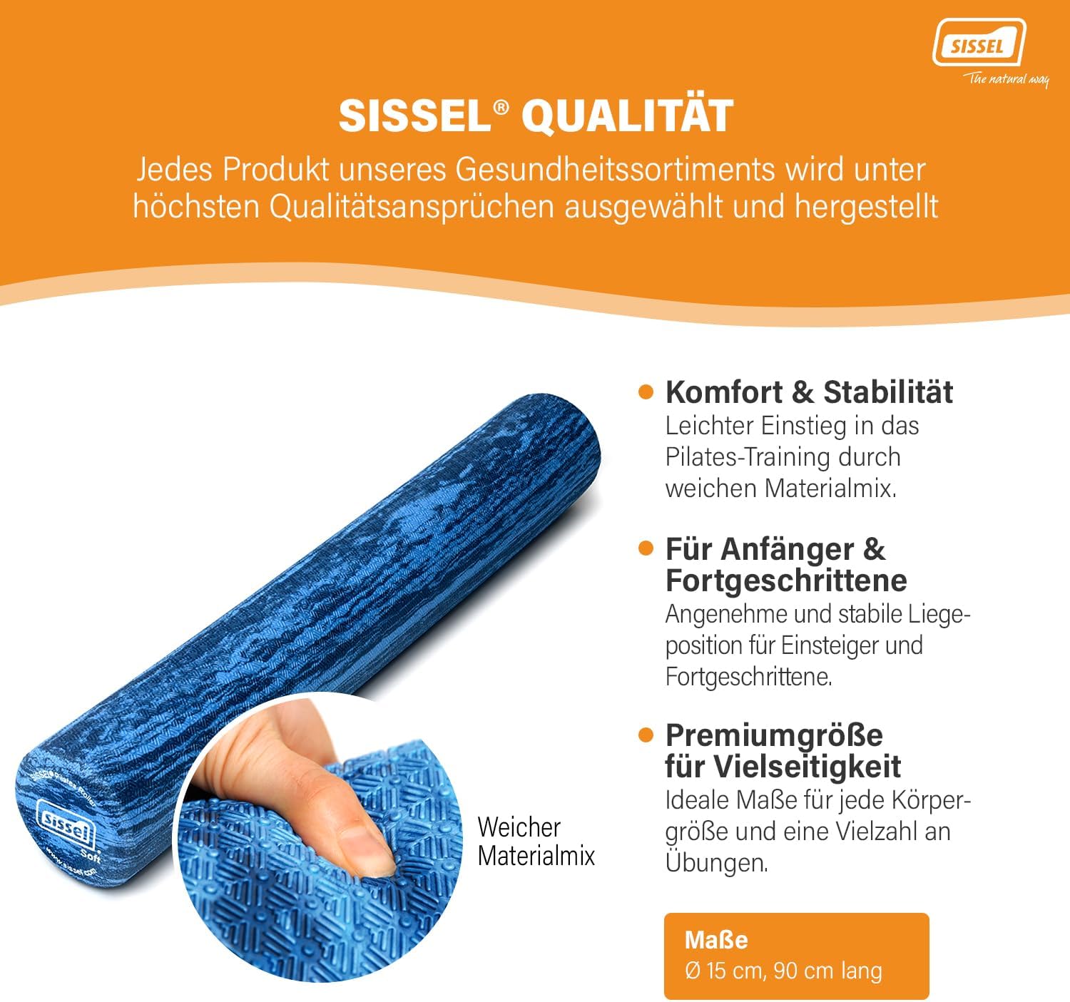 Sissel Pilates Roller Pro Soft Balance Kernstabilitätstraining, Durchmesser 15 cm, Länge 90 cm, Blau – Bild 3