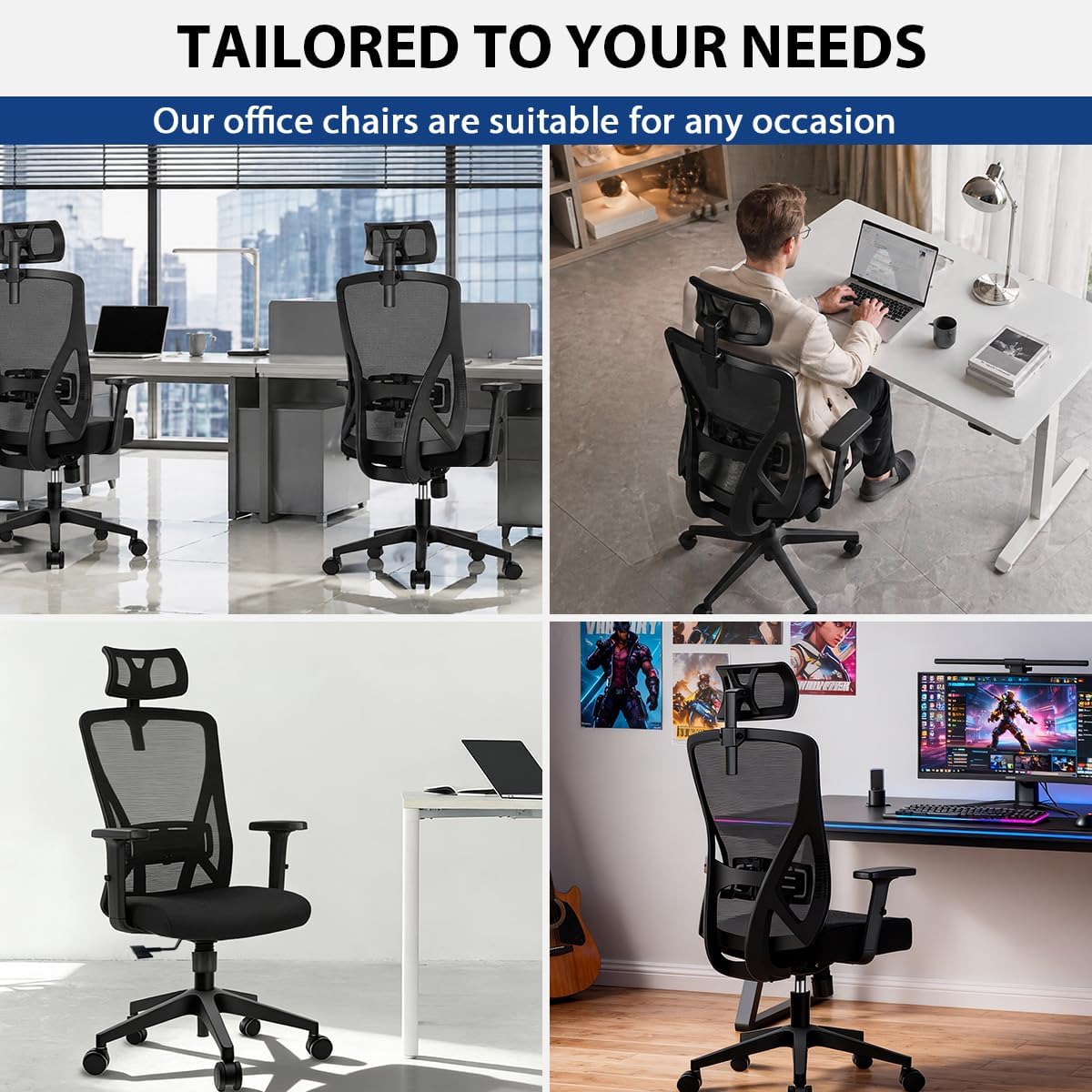 Durrafy Ergonomischer Bürostuhl mit verstellbarer Kopfstütze – Bequemer Schreibtischstuhl mit Lordosenstütze, atmungsaktiver Netzrückenlehne und Wippfunktion, Schwarz – Bild 9