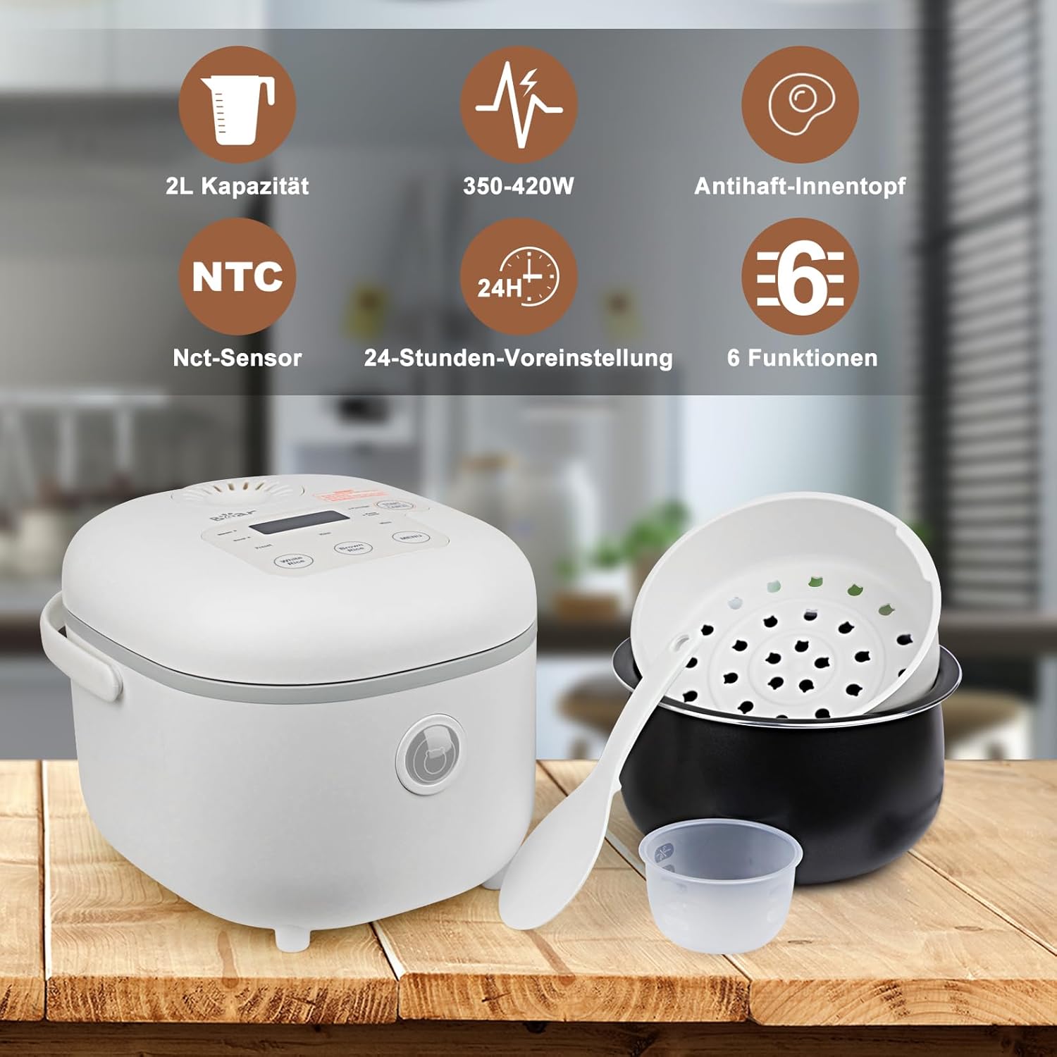 Bear Reiskocher 4 Tassen (ungekocht) mit Dampfgarer, multifunktionaler 350 W elektrischer Reiskocher Mini, 6 Reiskochfunktionen für 2–4 Personen, Weiß – Bild 6