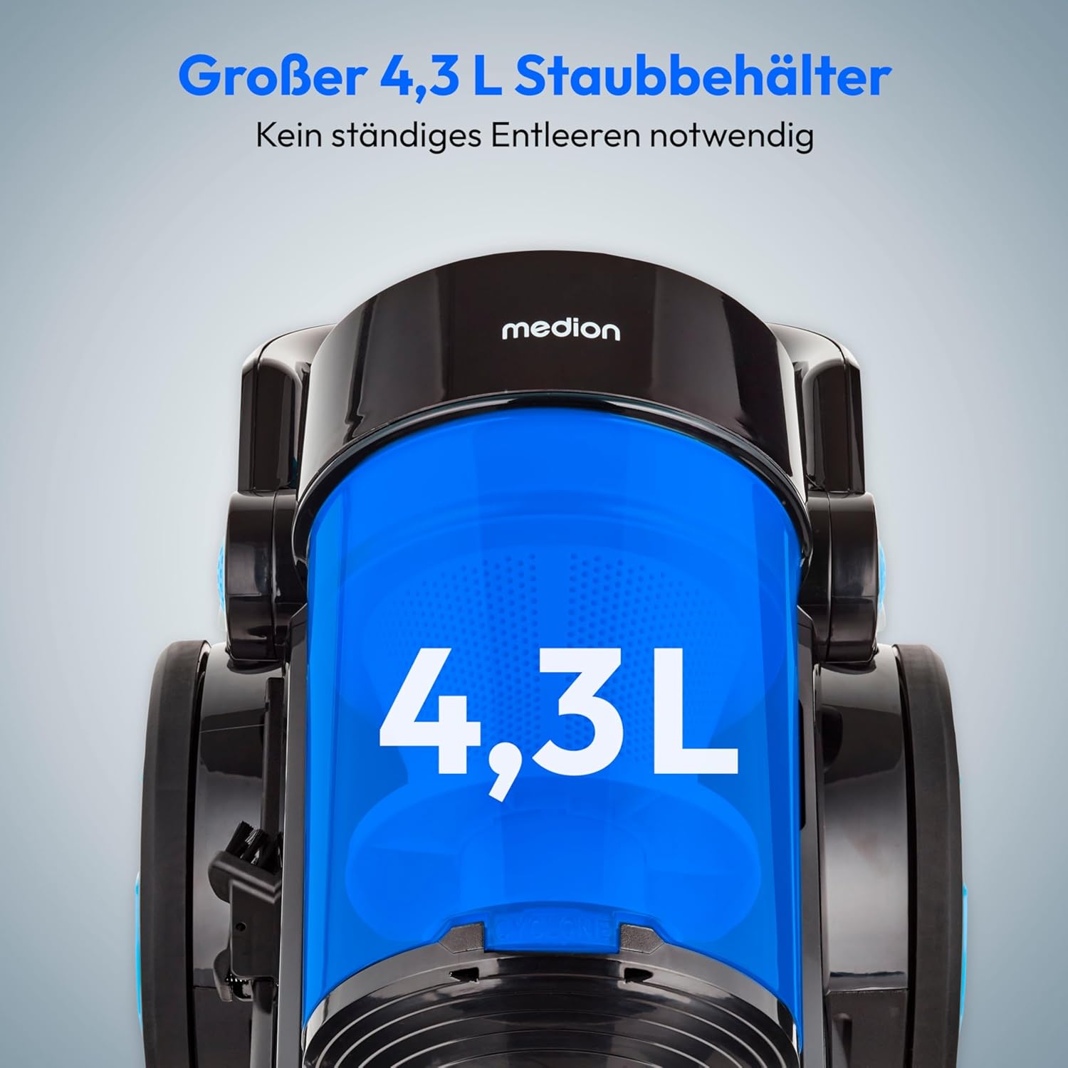 MEDION Beutelloser Zyklonstaubsauger P4000 (900 Watt Leistung, 4,3 Liter Staubbehälterkapazität, waschbarer HEPA 13-Filter, 11 m Arbeitsradius, MD 11906) Blau – Bild 3