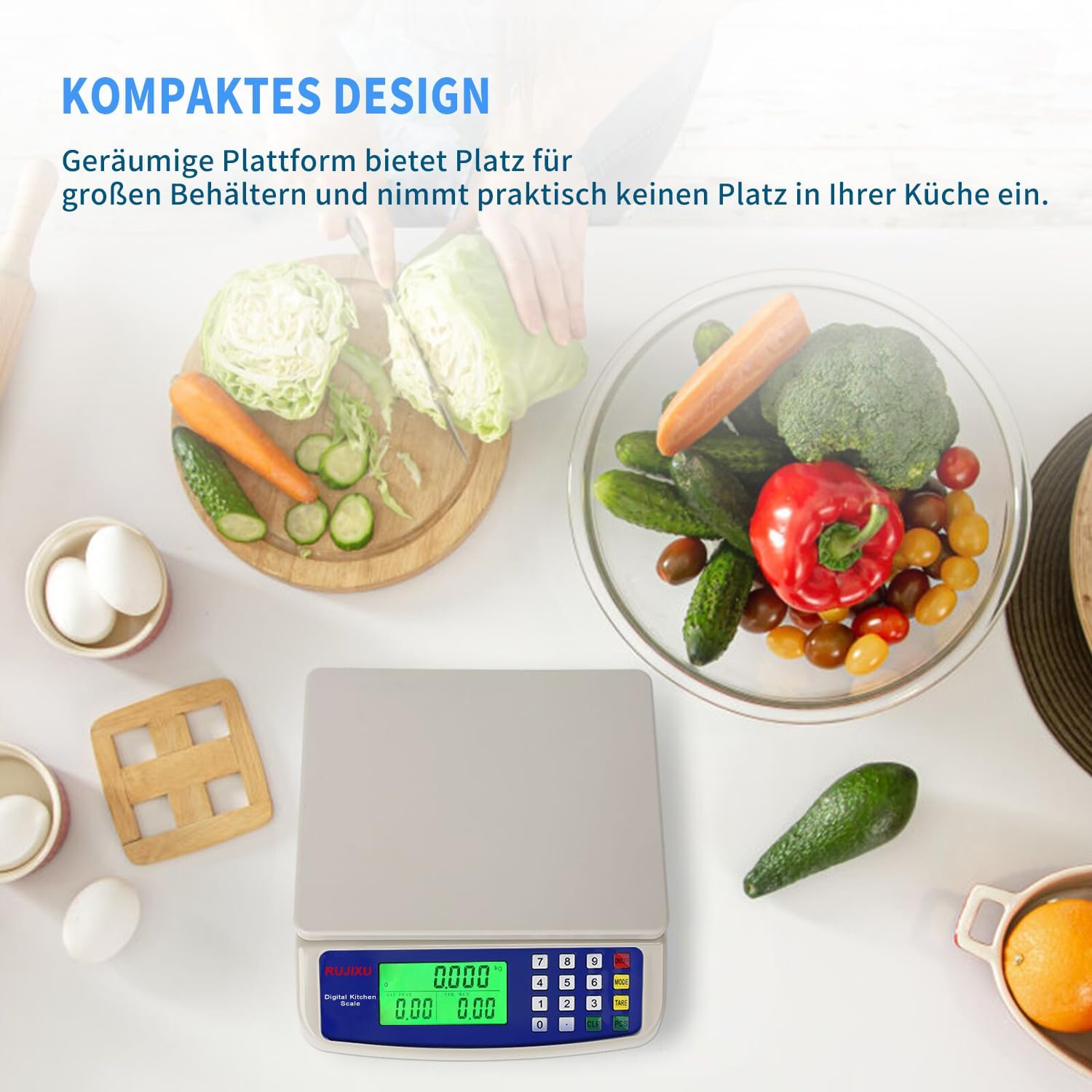 Digitale Waage bis 30 kg, große Küchenwaage, Obstwaage mit LCD-Display und Tara-Funktion, digitale Waage mit PCS-Zählwaage, 3-Einheiten-Umrechnung – Bild 8