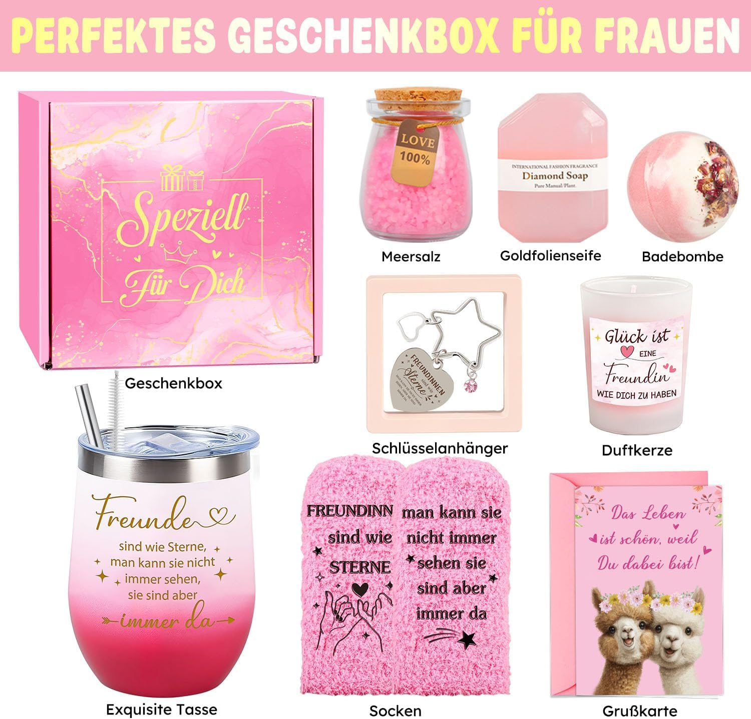 Giftota Geschenke für Frauen, beste Freundin, Geburtstagsgeschenk für Frauen, beste Freundin, Geburtstagsgeschenkset für Frau, rosa Thermobecher, Geschenkbox, Freundinnen, Wellness-Geschenkset – Bild 7