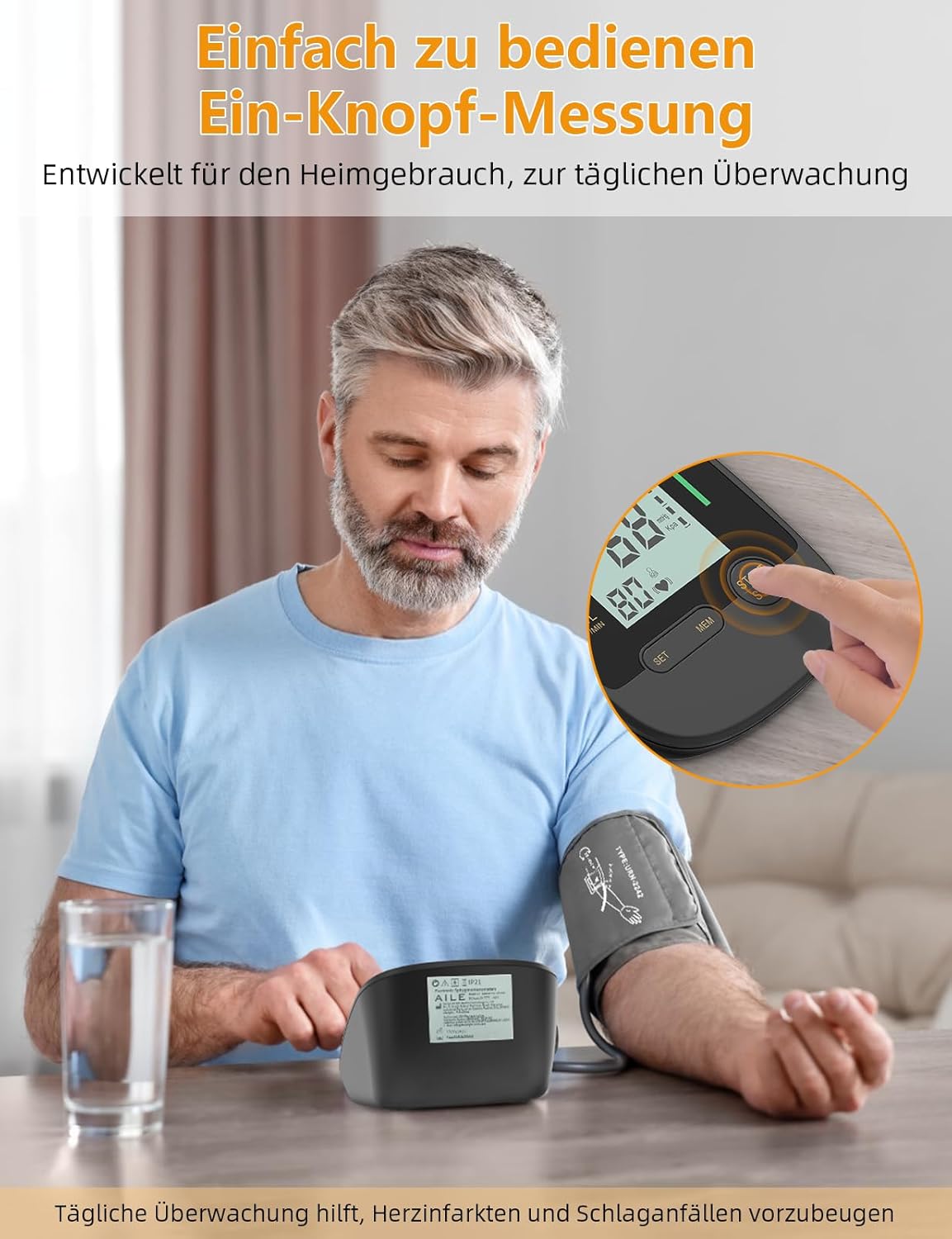 Oberarm-Blutdruckmessgerät für den Heimgebrauch: Digitales AILE-Blutdruckmessgerät mit verstellbarer großer Manschette (22–42 cm), automatisches Bluthochdruckmessgerät, Ein-Knopf-Bedienung – Bild 2