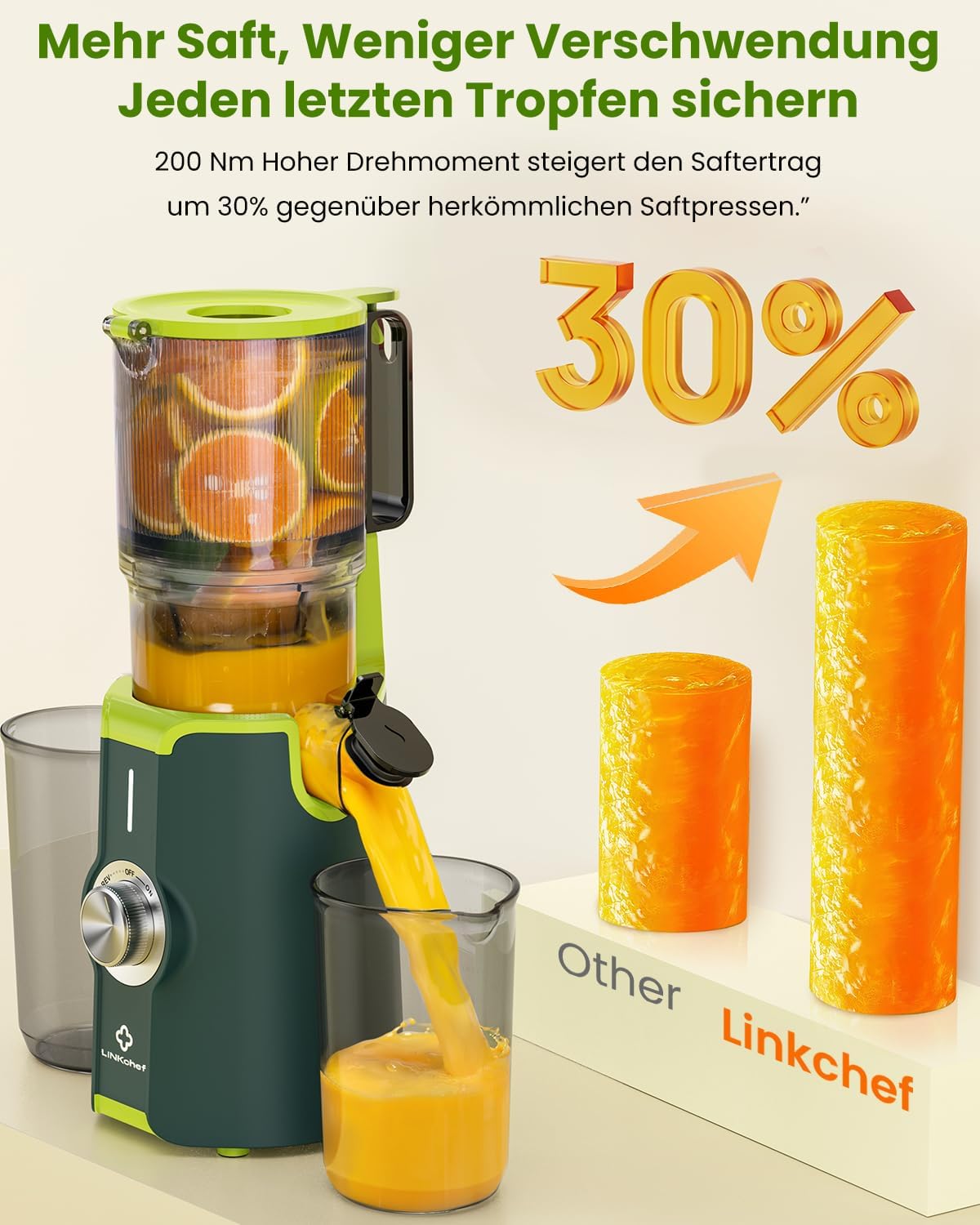 LINKChef Slow Juicer, Entsafter Gemüse und Obst, Testsieger mit 115 mm großem Entsafter, Kaltentsafter für ganze Früchte/Gemüse, Blitzreiniger, einfache Installation, BPA-frei, 200 W, Grün – Bild 5