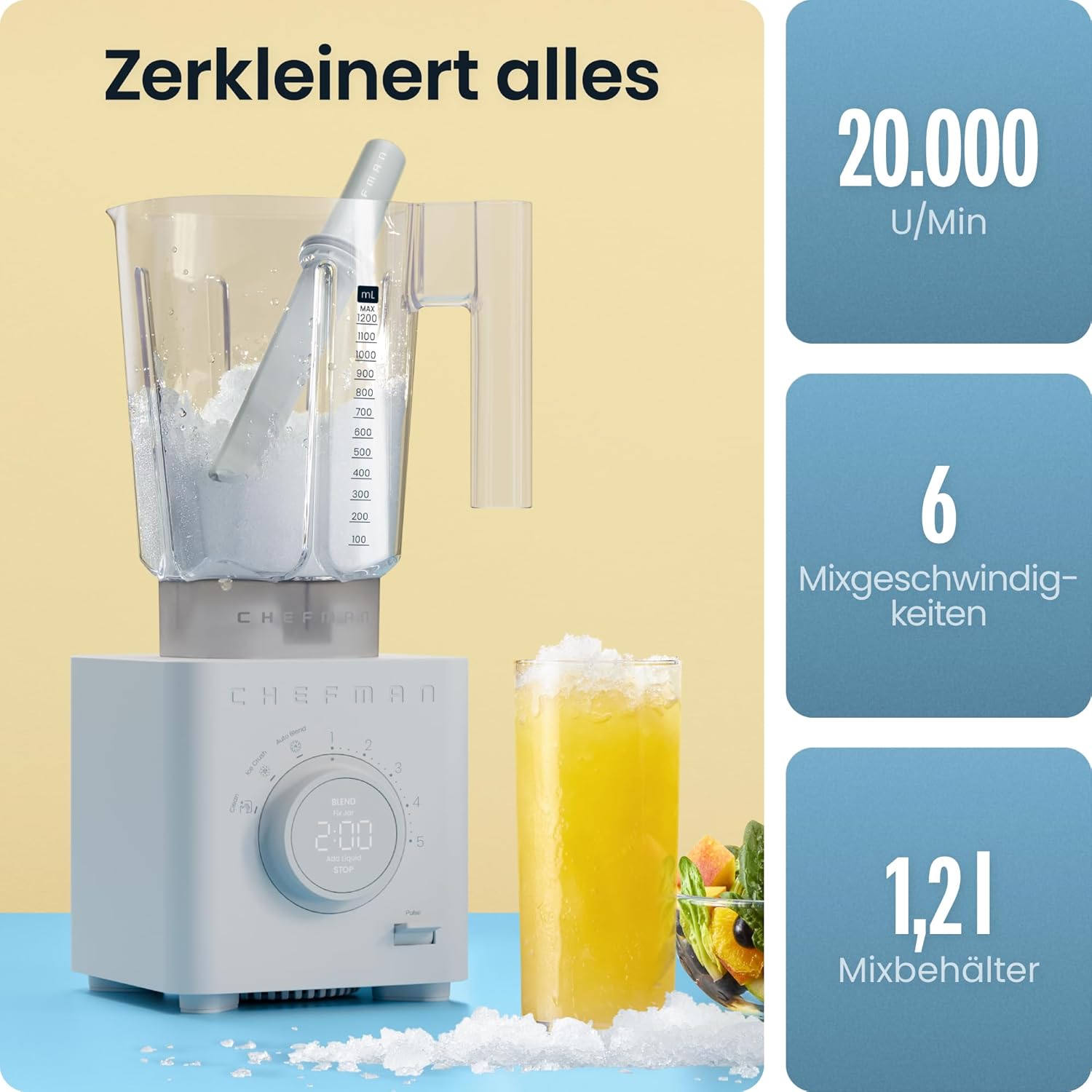 Chefman Obliterator 1,2-l-Mixer für Smoothies, 1350-W-Motor zum Zerkleinern von Eis, Nüssen und gefrorenen Früchten mit Edelstahlklinge, automatische Mischfunktion, inklusive 600-ml-Reisebehälter – Betongrau – Bild 3