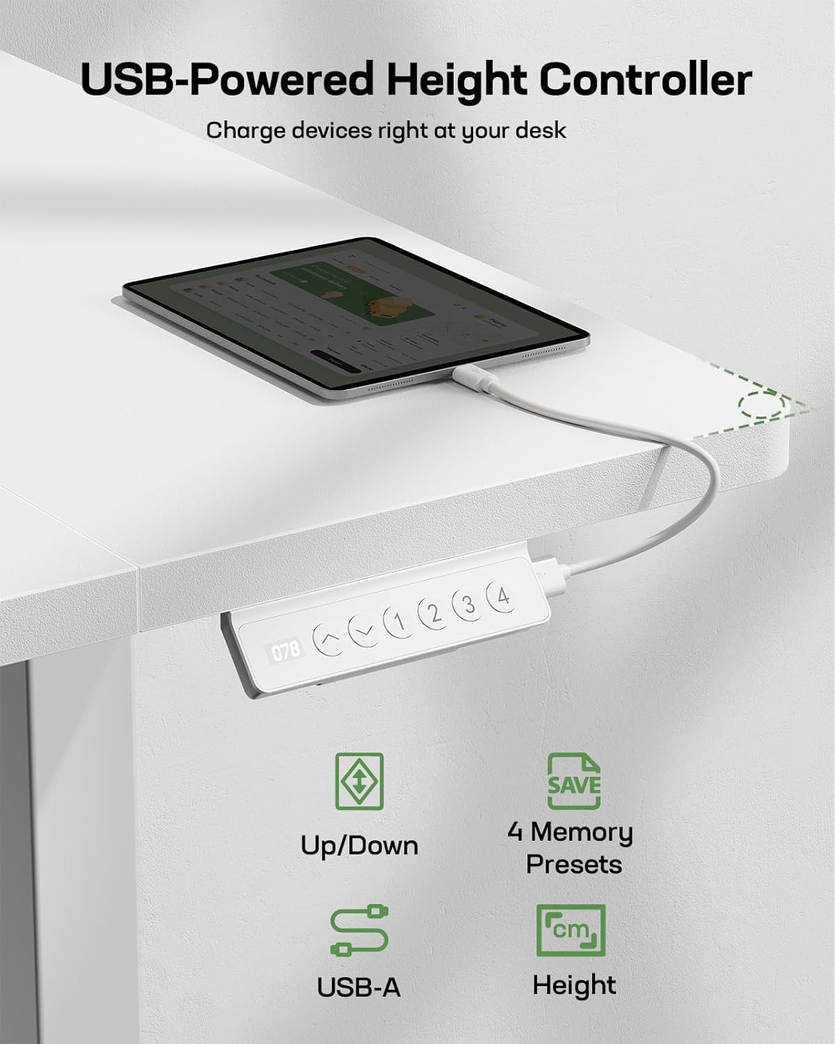 HUANUO Höhenverstellbarer Schreibtisch mit USB-Ladeanschluss 160 x 80 cm, 4 Speicherhöheneinstellungen, elektrischer Schreibtisch für Heimbüro und Computerarbeitsplatz – Bild 4