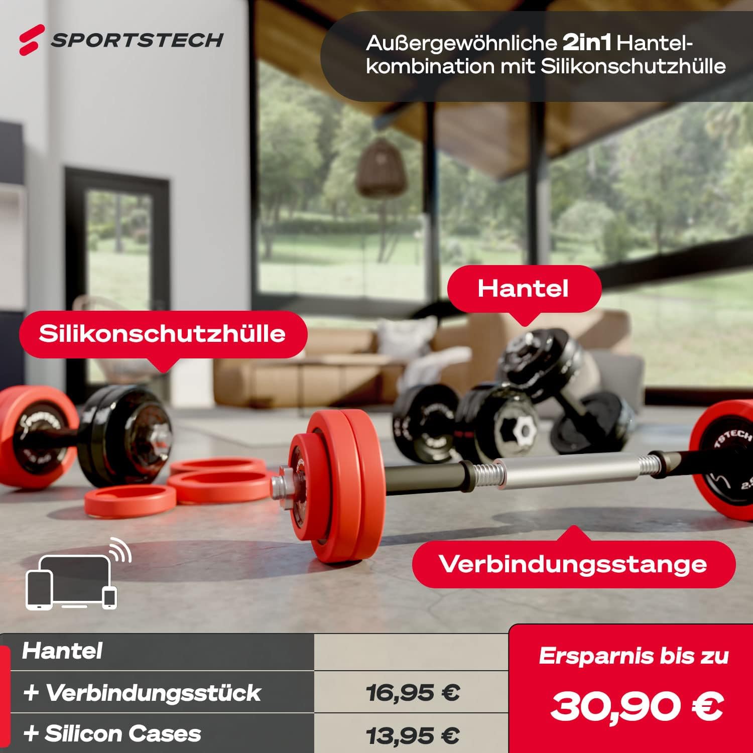 Sportstech 2-in-1 Hantelset mit Silikonhülle, deutsche Qualitätsmarke, Hanteln und Langhantel in einem, Hanteln mit 20 kg / 30 kg aus Gusseisen, effektives Fitness-Krafttraining, AH300, – Bild 6