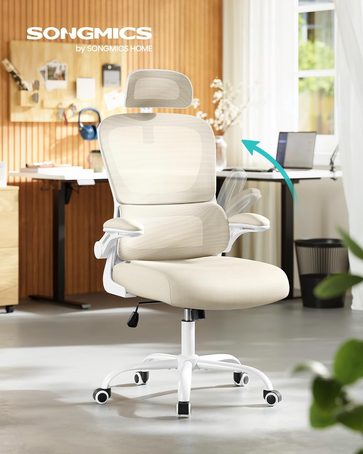 SONGMICS Bürostuhl, Schreibtischstuhl, ergonomischer Netzstuhl, doppellagiges Netzgewebe, atmungsaktiv, adaptive Lordosenstütze, verstellbare Kopfstütze, für das Heimbüro, Sandbeige OBN041L01 – Bild 2