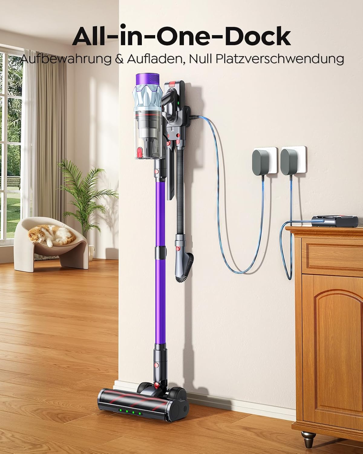 Akku-Staubsauger 600 W/50 kPa/65 Min, kabelloser Staubsauger mit 1 m Schlauch, Aromatherapie, Wandladestation, Staubbehälter-Schaber (1,5 l), Automatikmodus, für Tierhaare, Teppiche – Bild 7