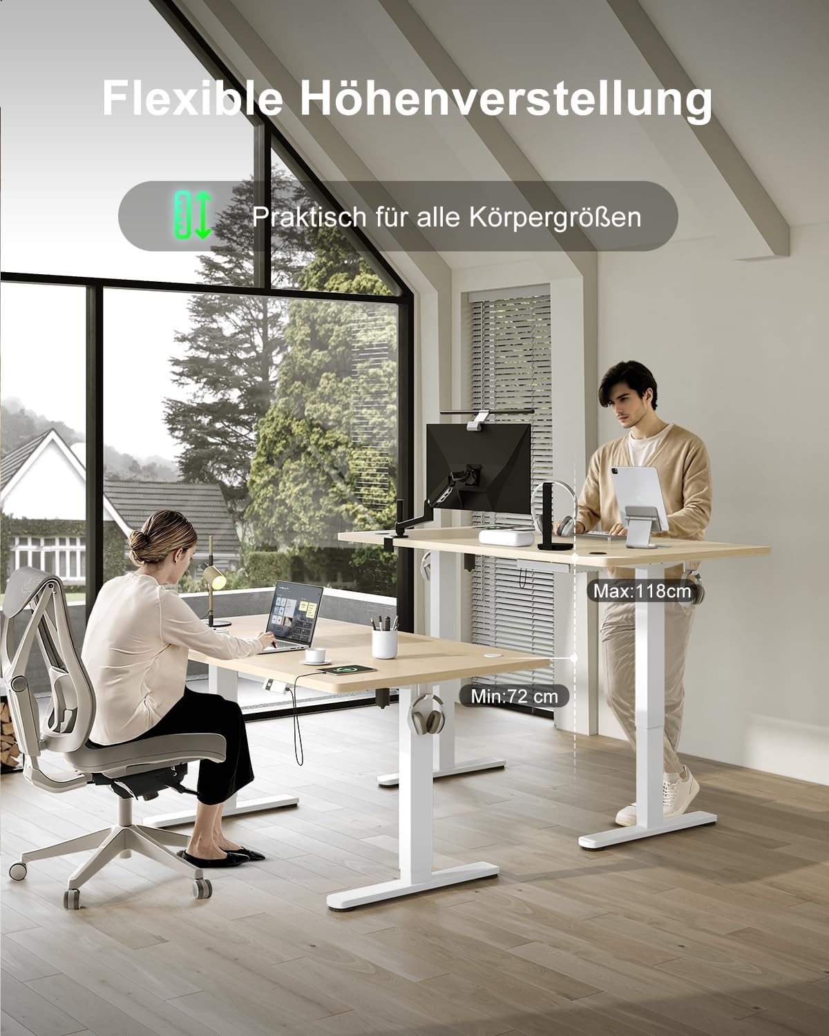 Devoko Höhenverstellbarer Schreibtisch 120 x 80 cm mit Typ-C-Ladeanschluss, mobiler elektrischer Computertisch mit Kabelmanagementablage und 3-Funktions-Speicher, Eiche – Bild 8
