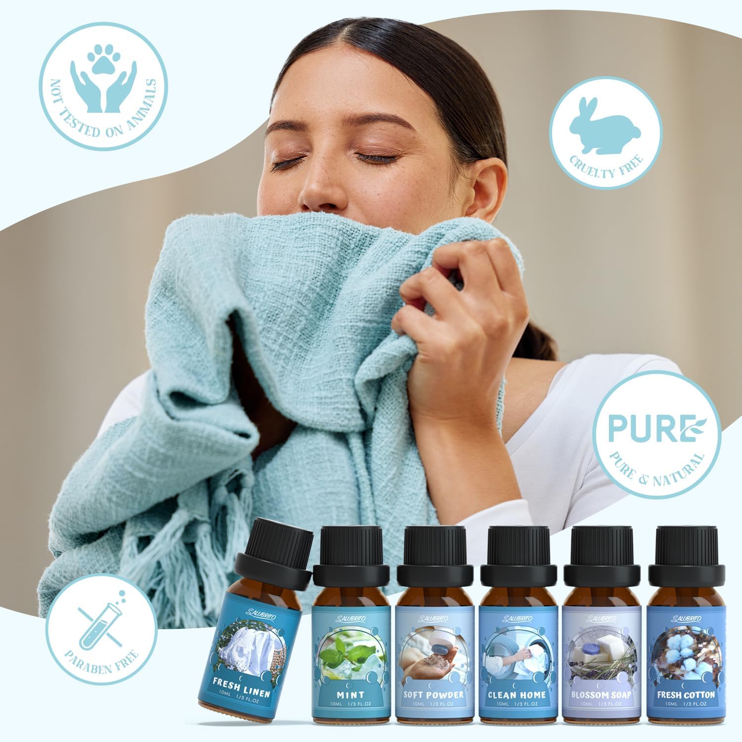 SALUBRITO Clean Essential Oils Set, natürliches, reines Aromatherapie-Duftöl für Diffusor, Kerzenherstellung, saubere Baumwolle, frische Bettwäsche, sauberes Zuhause, Pulver, Blumenseife, Minze – Bild 2
