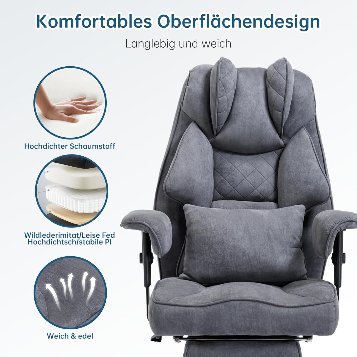 Ergonomischer Bürostuhl mit Fußstütze – Schreibtischstuhl Chefsessel 200 kg, starke Polsterung, hohe Rückenlehne, Lordosenstütze, Armlehnen höhenverstellbar, Wildlederimitat – Bild 6
