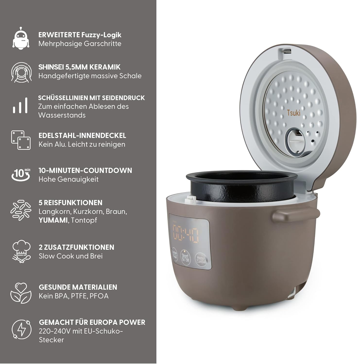 Yum Asia Tsuki Mini-Reiskocher mit Shinsei-Keramikschüssel (2,5 Tassen, 0,45 Liter), 5 Reiskochfunktionen, 2 Multicooker-Funktionen, versteckte LED-Anzeige, 220–240 V (Kieselgrau) – Bild 3