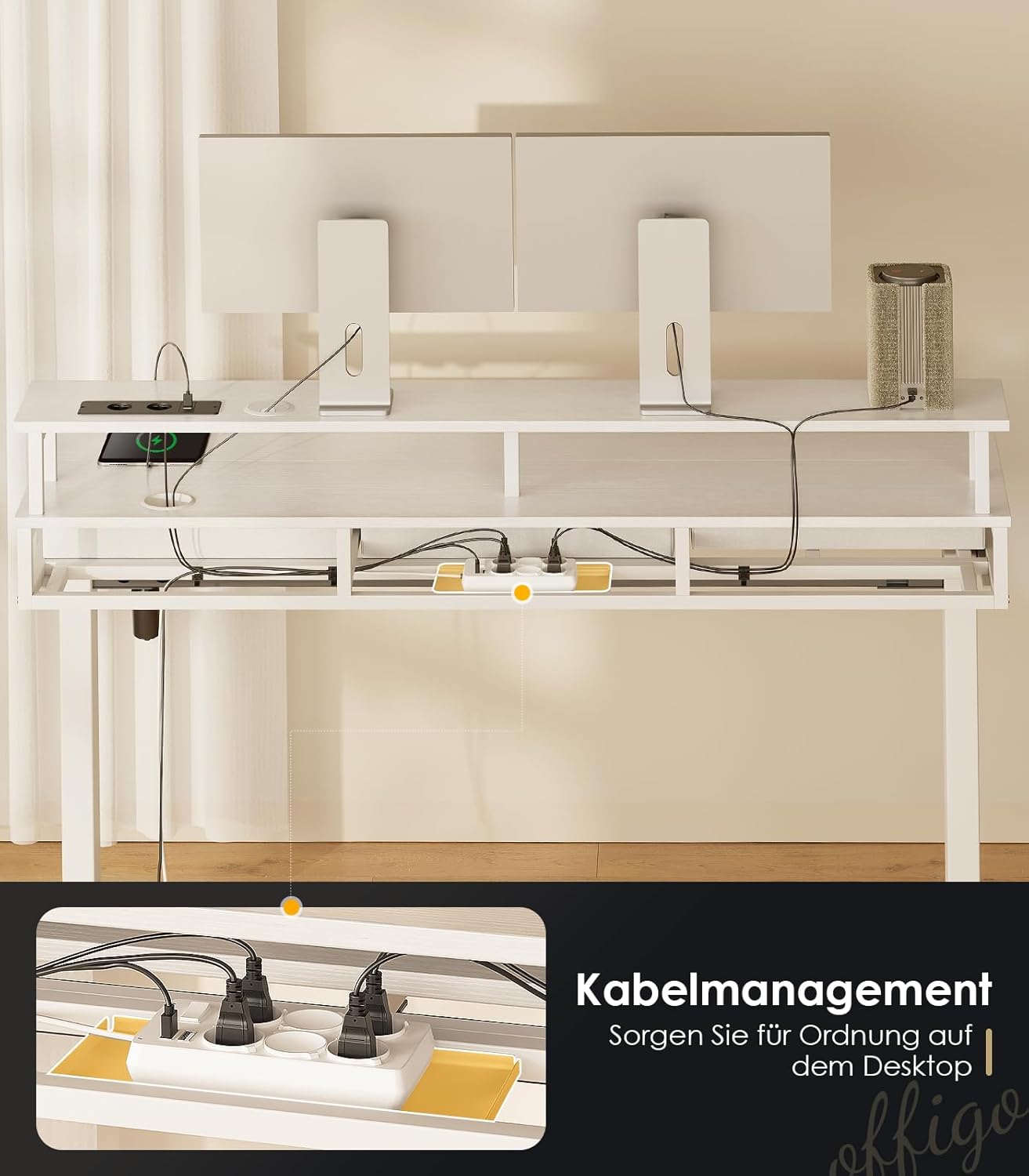OffiGo Höhenverstellbarer Schreibtisch mit Monitorständer, 120 cm elektrischer Schreibtisch mit Schubladen, Stehpult mit Steckdosen und Lichtleiste, Tisch höhenverstellbarer Bürotisch, Weiß – Bild 10