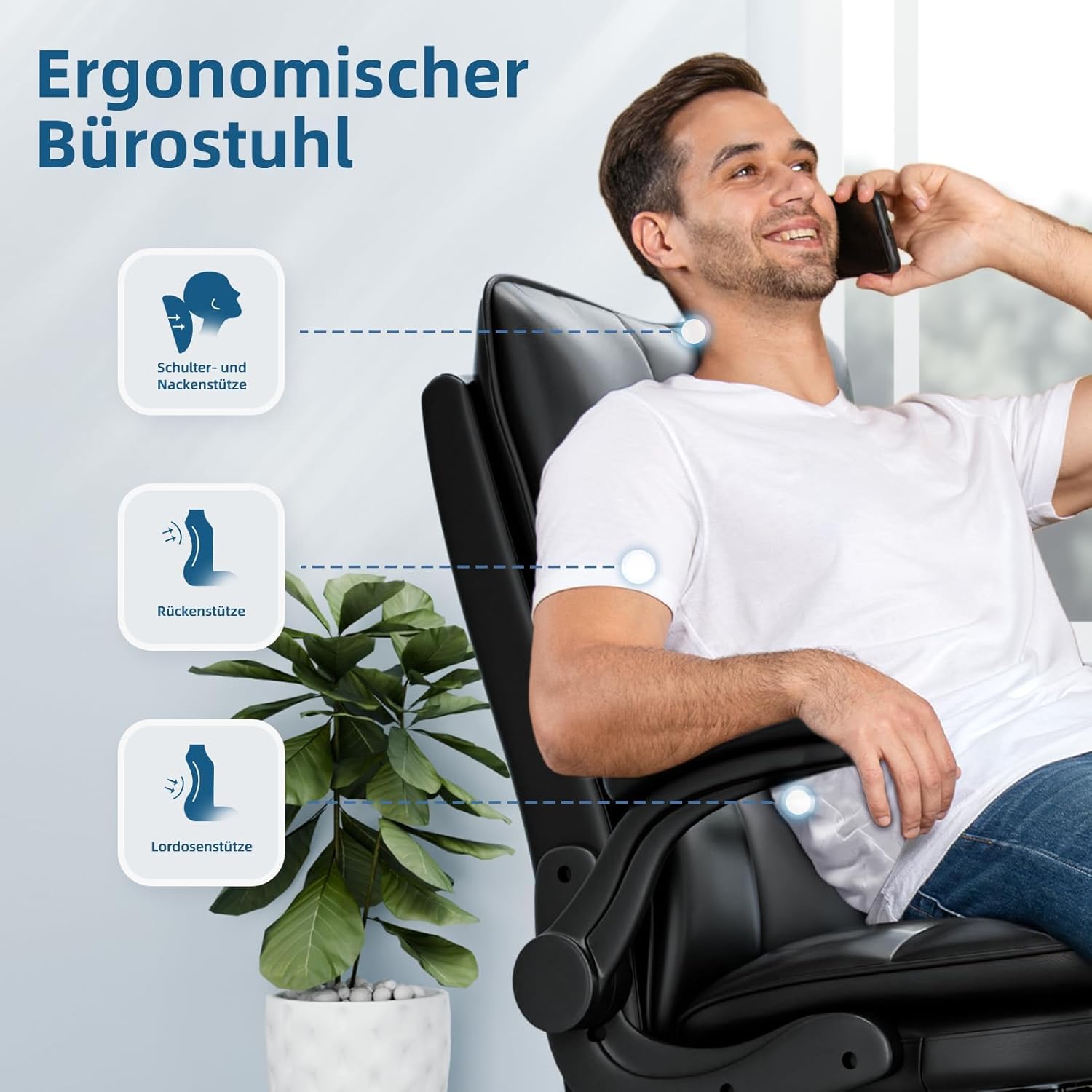 Ergonomischer Bürostuhl, Chefsessel mit kratzfester Technologie aus Leder, klappbare Armlehne, Dreh- und Wippfunktion, höhenverstellbar, doppelt verdickte Rückenlehne, Schwarz – Bild 3