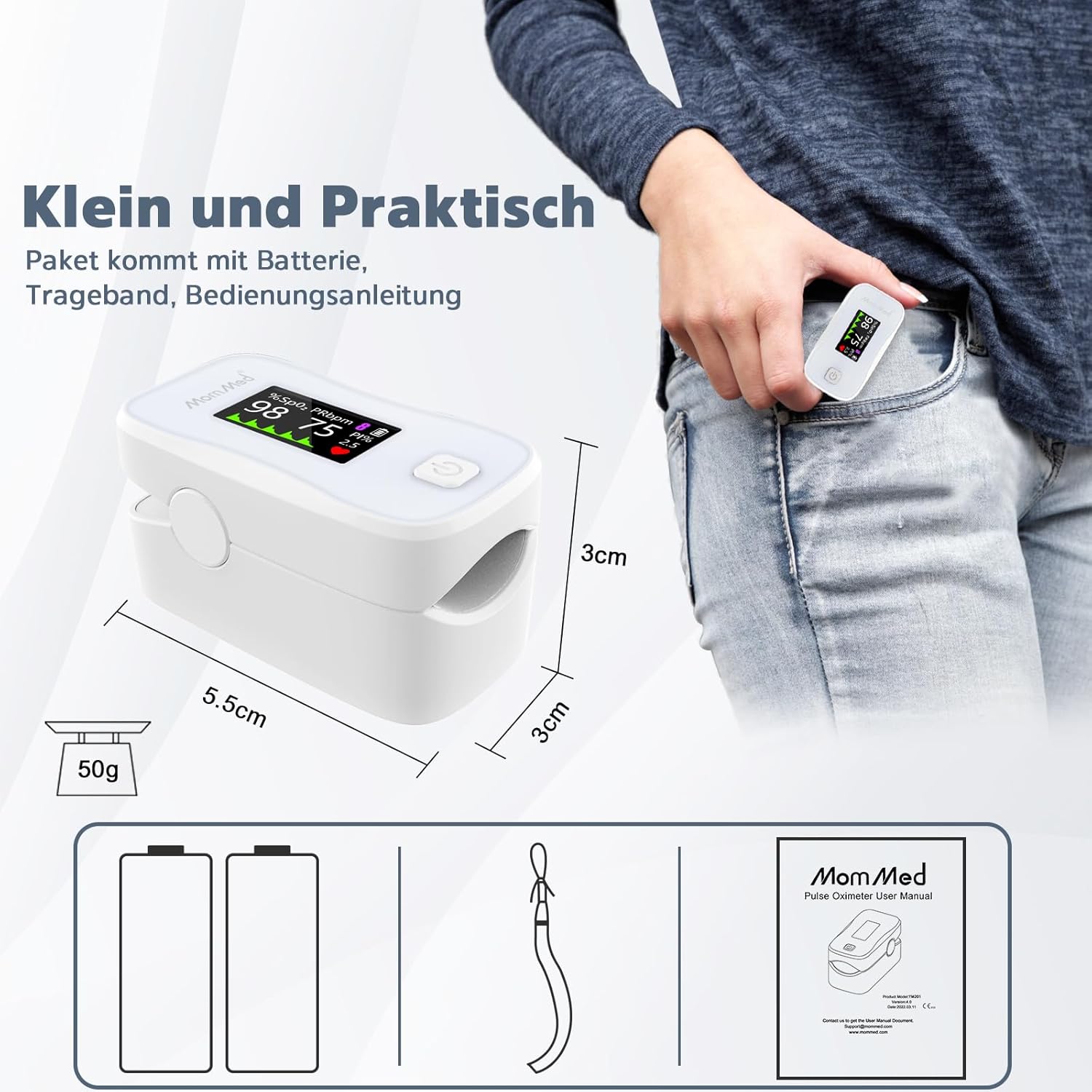 MOMMED Pulsoximeter mit Display – Sauerstoffsättigung (SpO2), Pulsfrequenz (PR) und Perfusionsindex (PI) – Fingeroximeter für Erwachsene und Kinder – präzise und tragbar für Sport, Fitness, Reisen – Bild 2