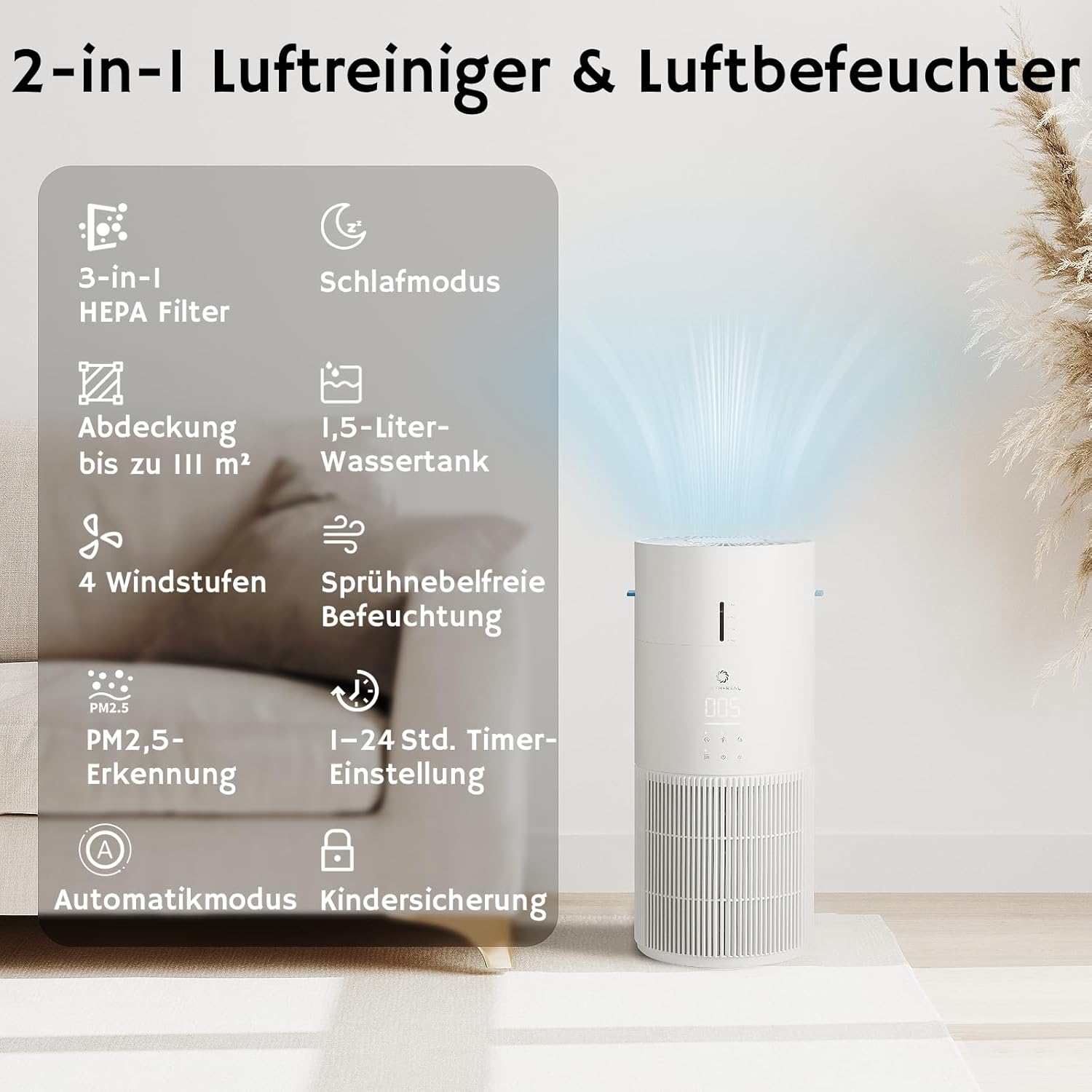 Airthereal AEH300 2-in-1 Luftreiniger & Luftbefeuchter – Kombigerät für Räume bis 111 m² – HEPA-Filter gegen Pollen & Tierhaare – Hygienische Kaltverdunstung ohne Nebel & Kalkstaub – Auto-Modus – Bild 2
