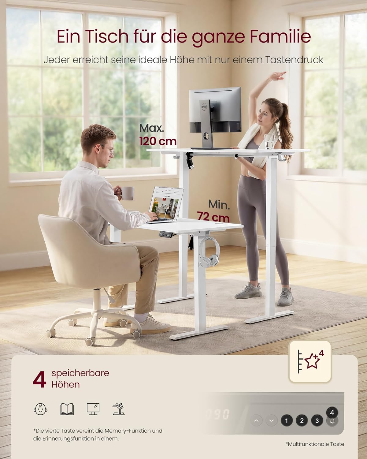 VASAGLE LSD312WZ03 Höhenverstellbarer Schreibtisch, Stehpult, Computertisch, Memory-Speicherfunktion, 4-Höhen-Büroschreibtisch, 120 x 60 cm, Wolkenweiß – Bild 4
