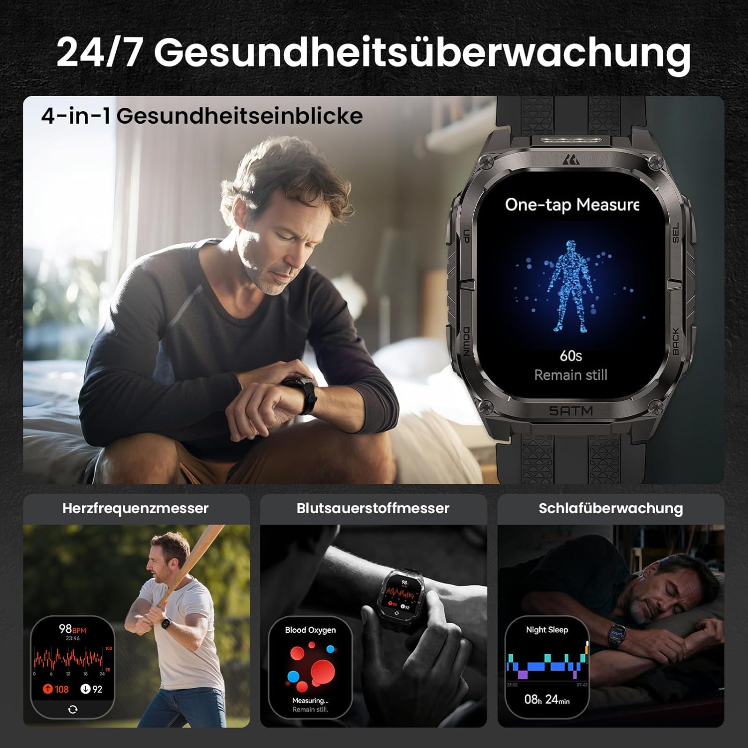 KOSPET Tank M4C Herren-Smartwatch mit LED, 1,96 Zoll AMOLED, Dualband-GPS & Kompass, ultralange Akkulaufzeit, 24/7 Herzfrequenz- & Schlaf-Tracking, 50 m wasserdicht, Bluetooth, Android & iOS (Schwarz) – Bild 7