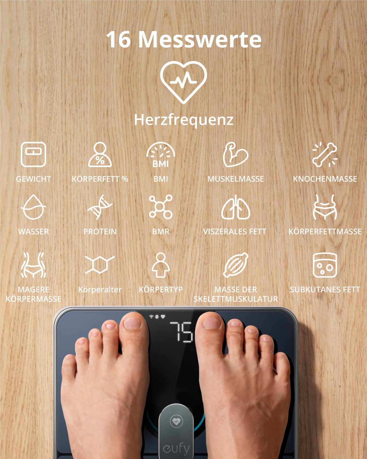eufy Personenwaage, Smart Scale P2 Pro, digitale Körperfettwaage, WLAN/Bluetooth, 16 Messwerte inklusive Gewicht, Herzfrequenz, Körperfett, BMI, Muskel-/Knochenmasse (schwarz) – Bild 2