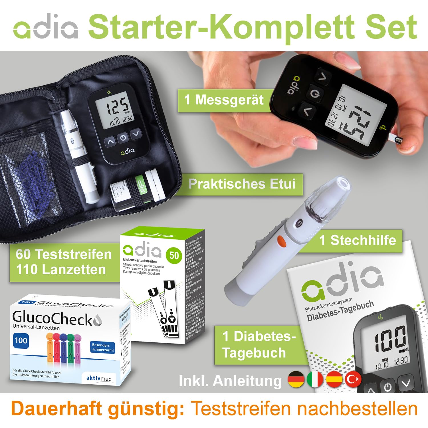 Adia Vorteilspackung mit Blutzuckermessgerät-Set (mg), 60 Blutzucker-Teststreifen und 110 Lanzetten zur Überwachung des Blutzuckers – Bild 2