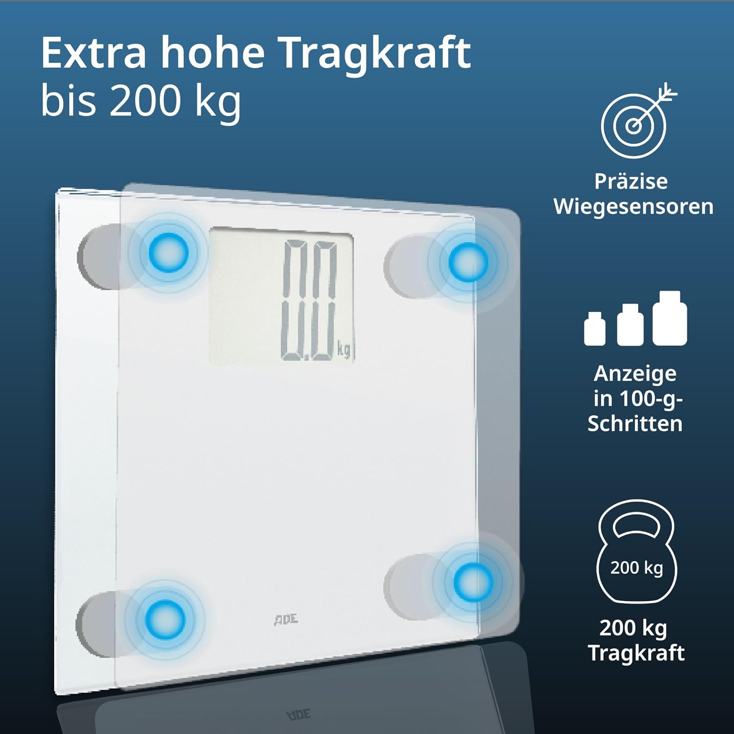ADE Digitale Personenwaage mit XXL-Display | 200 kg Tragkraft | Besonders gut ablesbare Körperwaage | Ideal für Brillenträger, Senioren | Personenwaage Weiß – Bild 3
