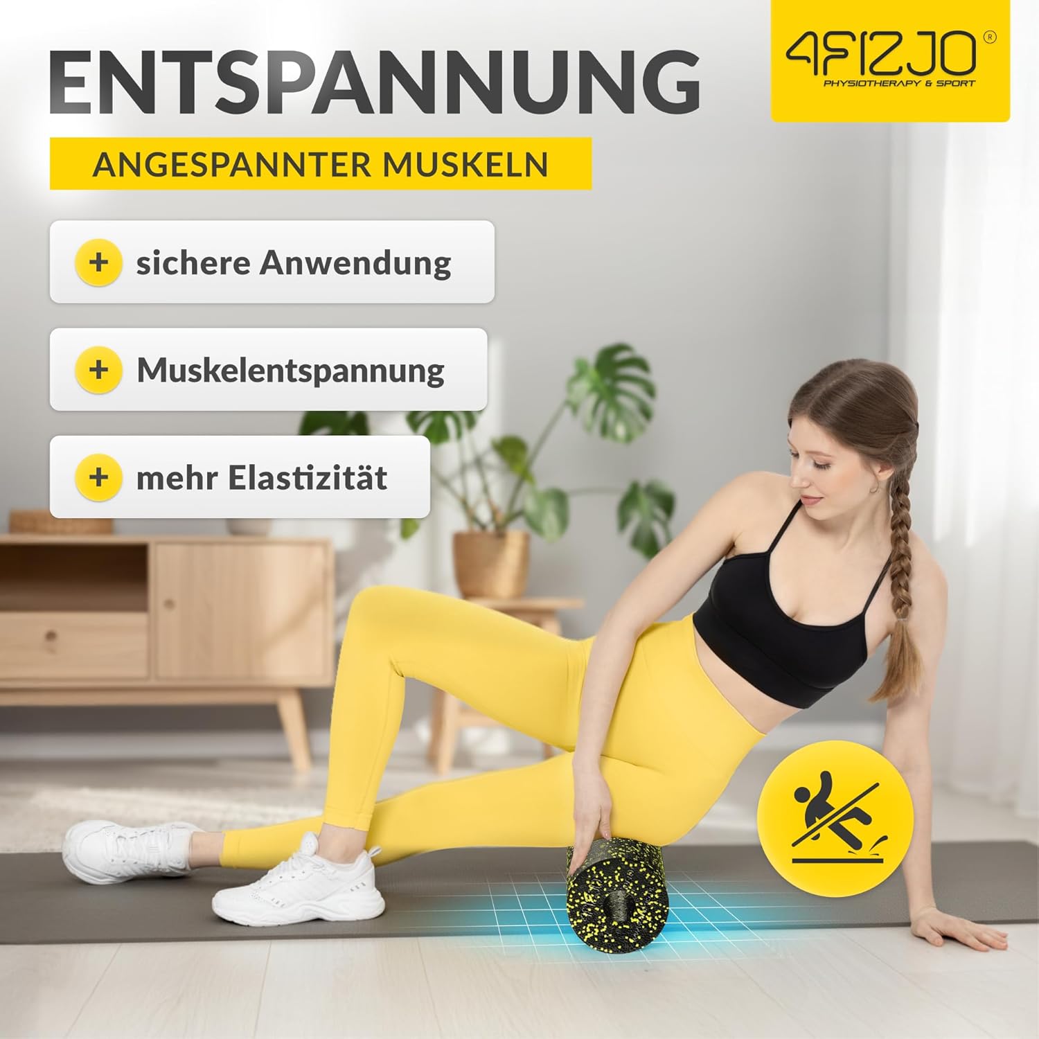 4FIZJO Faszienrolle Schaumstoff, Durchmesser 14,5 cm, Länge 45 cm, Massagerolle, Rückenrolle, Fitnessrolle, leicht, hart, Schaumstoffrolle, Faszientraining, Massagetraining, Schwarz/Gelb – Bild 8