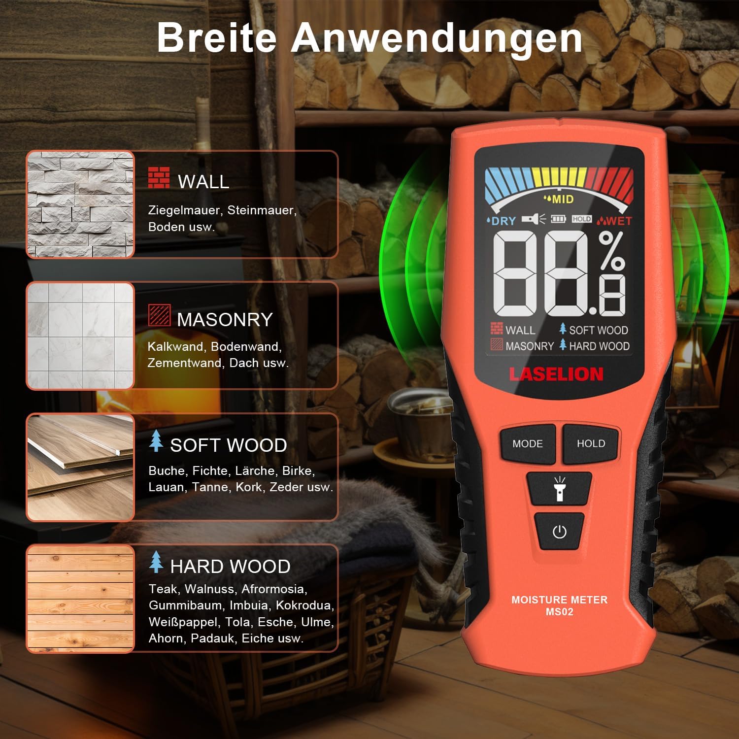 LASELION MS02 Pinless Wand-Feuchtigkeitsmesser, nicht-invasiver Feuchtigkeitsmesser, Detektor, Holzfeuchtemesser mit großem Farbdisplay, Batterien, 4 Modi für Holz, Brennholz, Wände, Baumaterialien – Bild 5