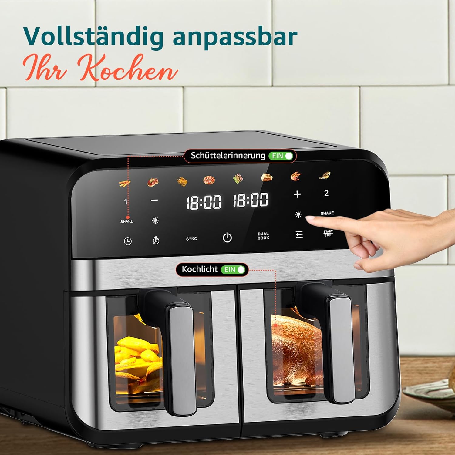 Heißluftfritteuse mit Sichtfenster, 9 Liter, Heißluftfritteuse mit 2 Körben, 8-in-1 digitale Heißluftfritteuse, Smart Fryer, ölfrei, mit Touchscreen | Spülmaschinenfest | 1800 W – Bild 7