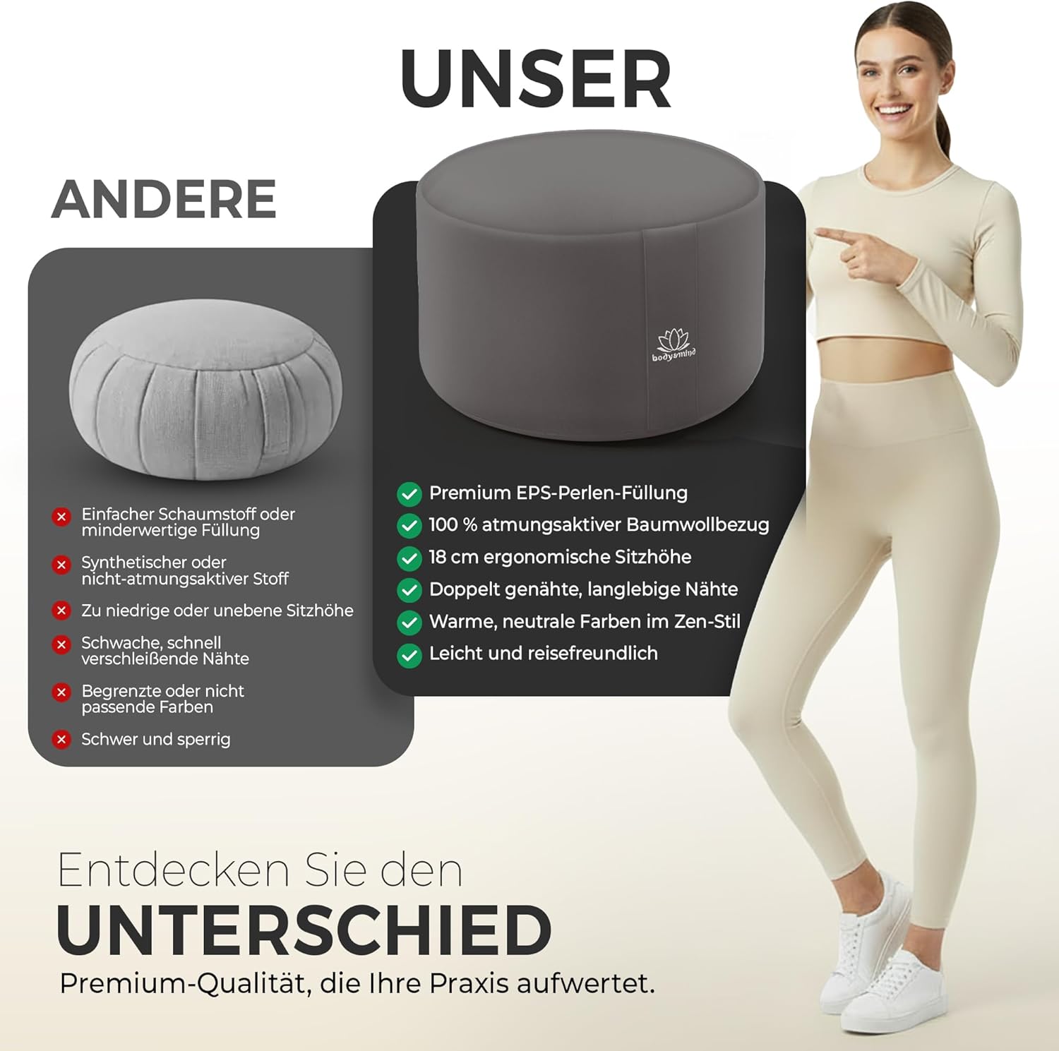 Body & Mind® Yogakissen Meditationskissen Bodensitzkissen Auflage für Meditation & Yoga; Waschbarer Bezug und atmungsaktive Premium-Füllung; 18 cm Sitzhöhe – Bild 7