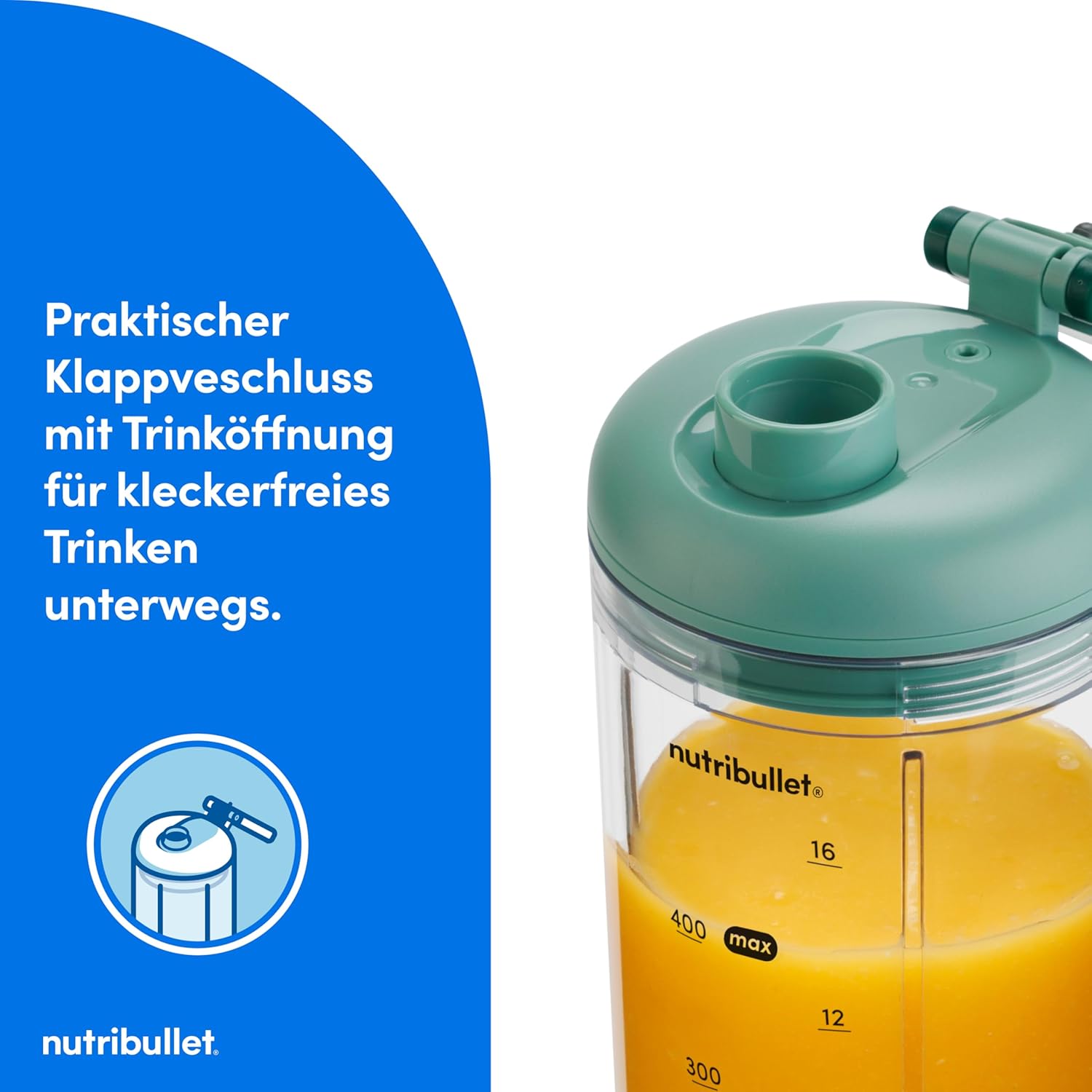 Nutribullet Flex 590 ml tragbarer Smoothie-Mixer mit Trinkdeckel, zerkleinert Eis und gefrorene Früchte, USB-C, Tragegurt, BPA-freier Becher, leicht zu reinigen, Waldgrün (NBP013GR) – Bild 6