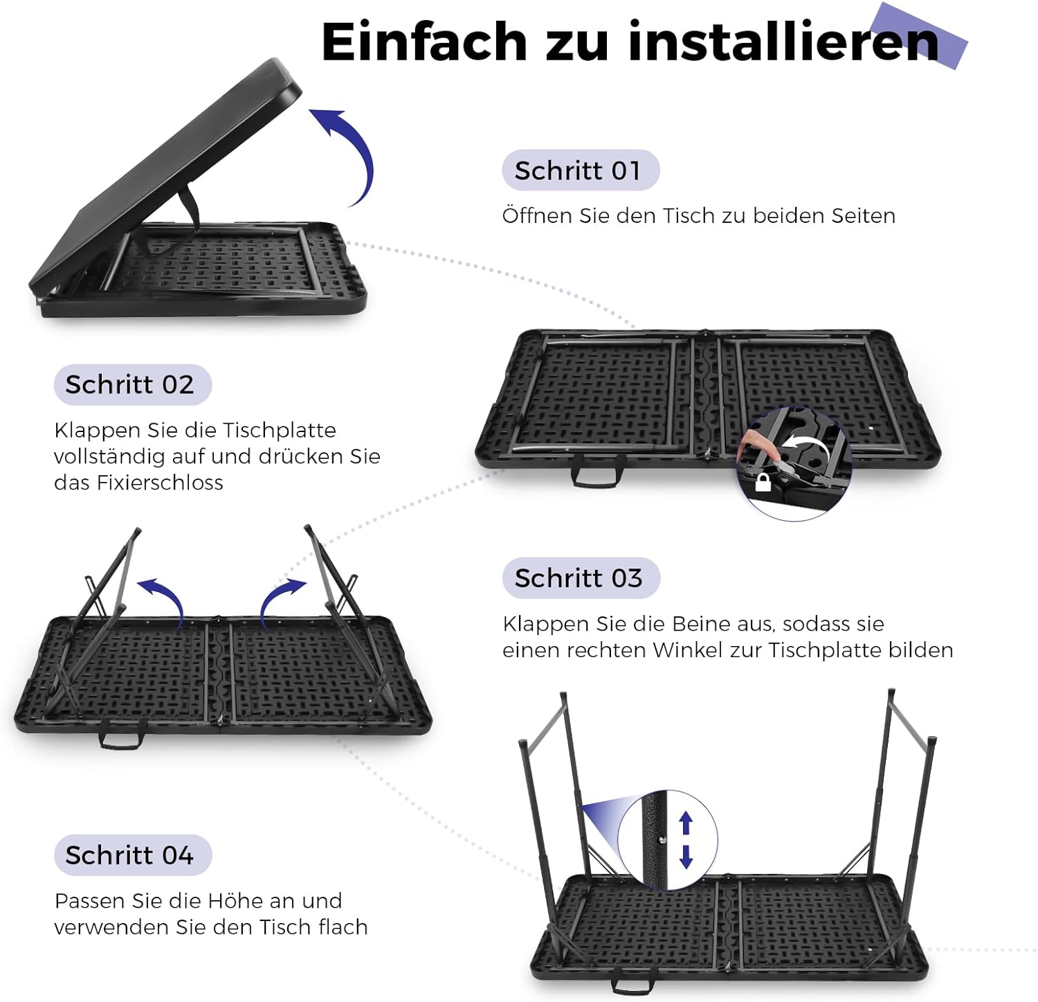 Byliable Klapptisch 120 cm, tragbar, höhenverstellbar, Campingtisch, Gartentisch, Esstisch, Partytisch, klappbar, für draußen und drinnen, Schwarz – Bild 4