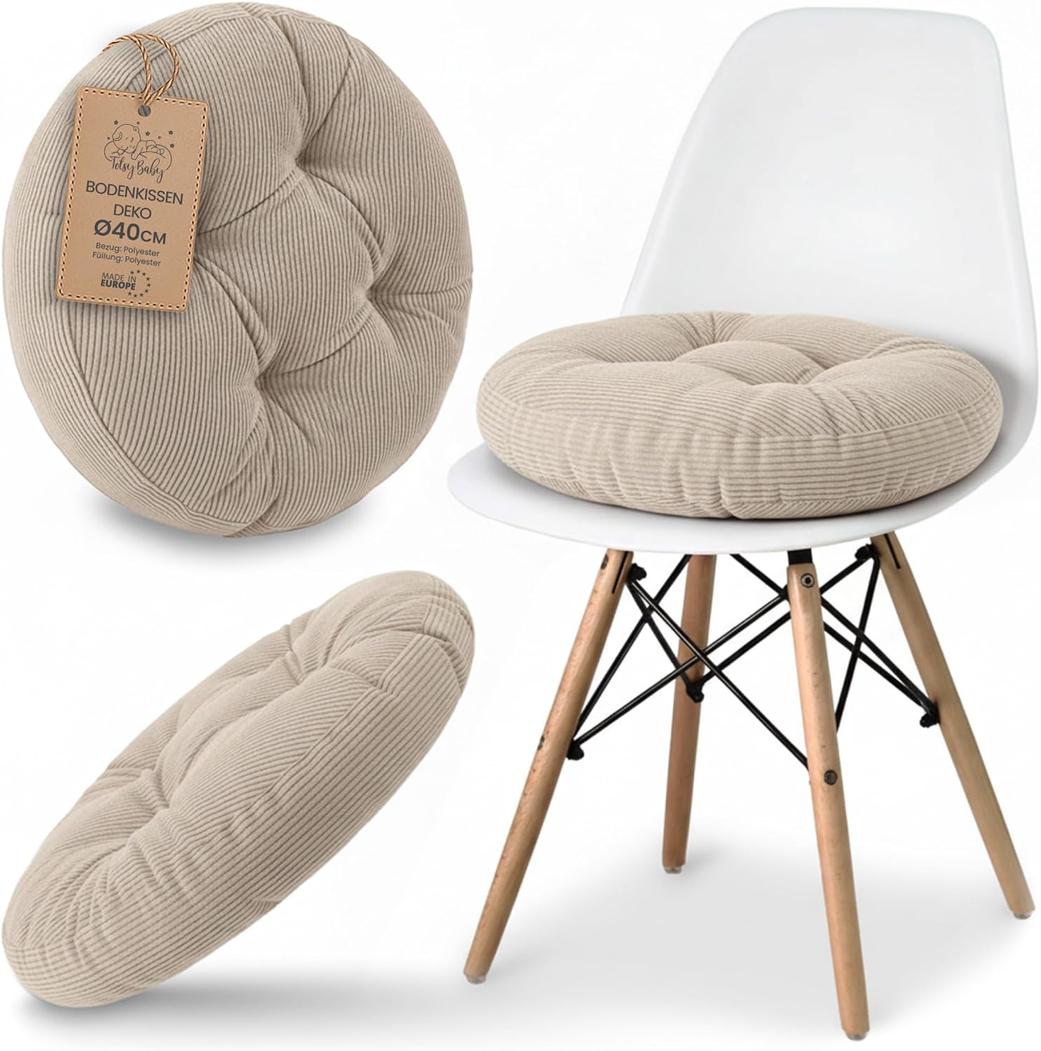 Amazinggirl Sitzkissen Stuhlkissen rund 40 cm - Rundes Cord-Stoffkissen, Sitzkissen für Stuhl, Bürostuhl, Bank, Eckbank, Bodenkissen, weiches Sitter-Flauschiges Cord-Beige