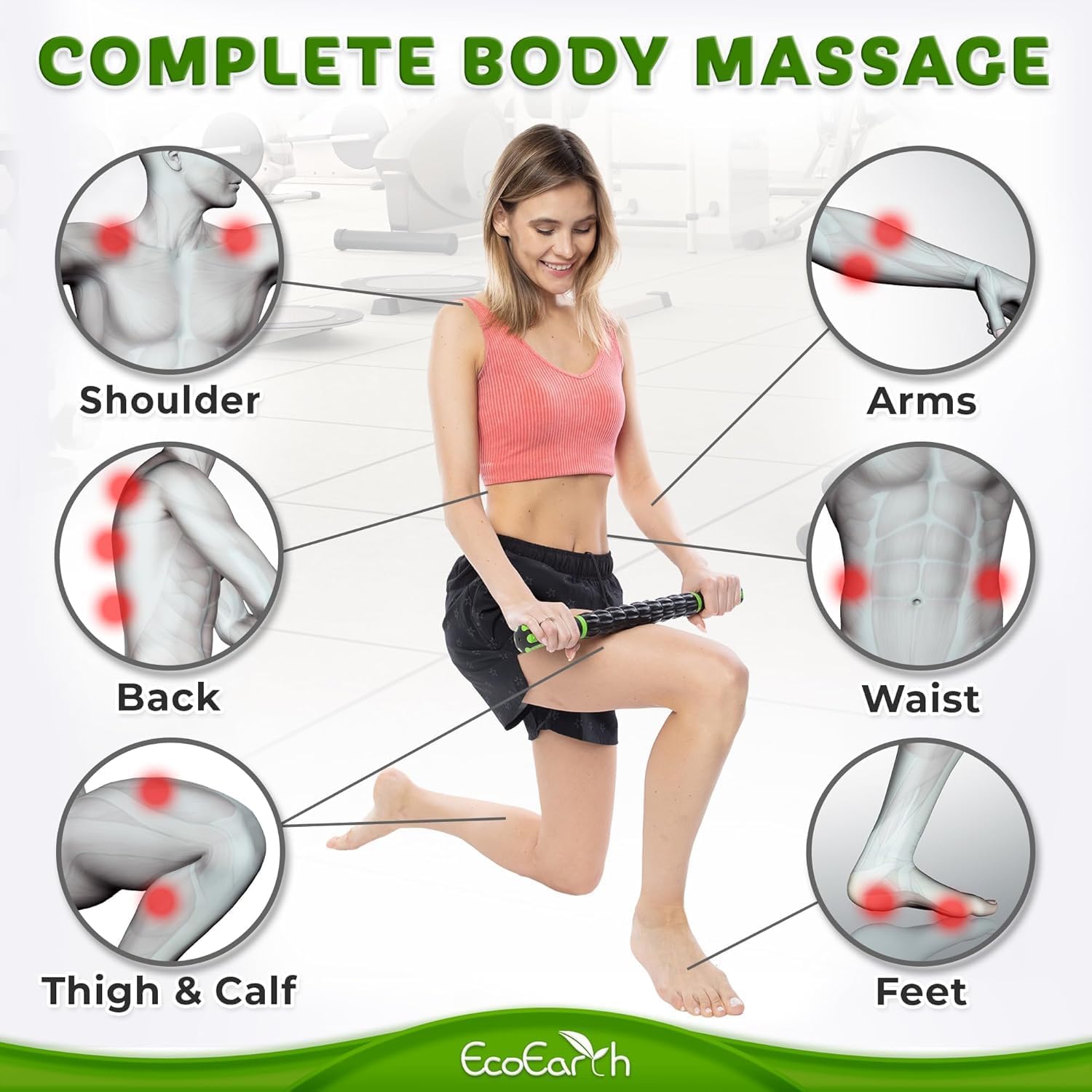 EcoEarth Faszienroller – Lymphdrainage-Massagegerät, myofasziales Tiefengewebe-Entspannungsgerät – Handmassagestab zur Schmerzlinderung – Schwarzgrün – Bild 4