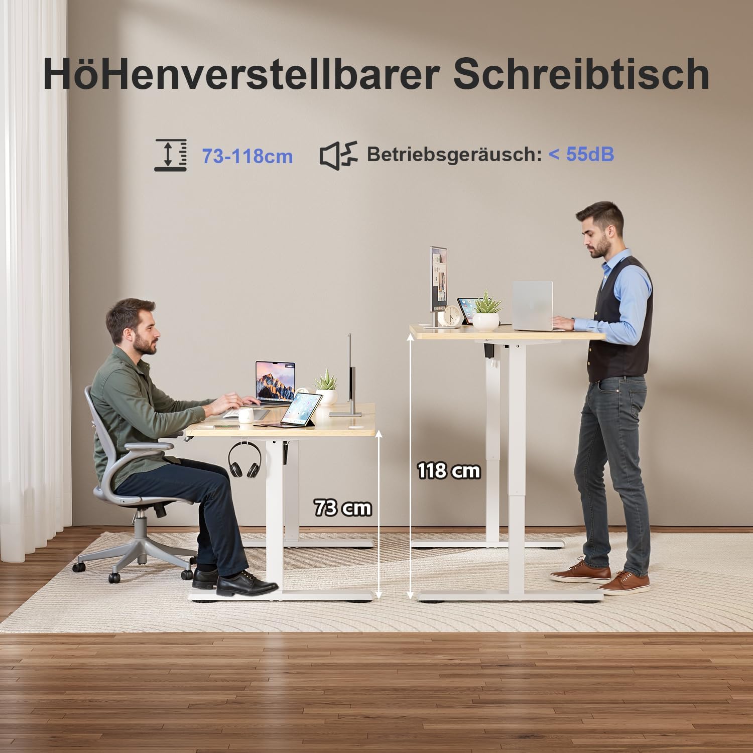 JUMMICO Elektrisch höhenverstellbarer Schreibtisch – Stehsitztisch mit Memory-Funktion & kompletter Tischplatte, Computertisch für Büro & Zuhause, 160 x 60 cm, Beige – Bild 4