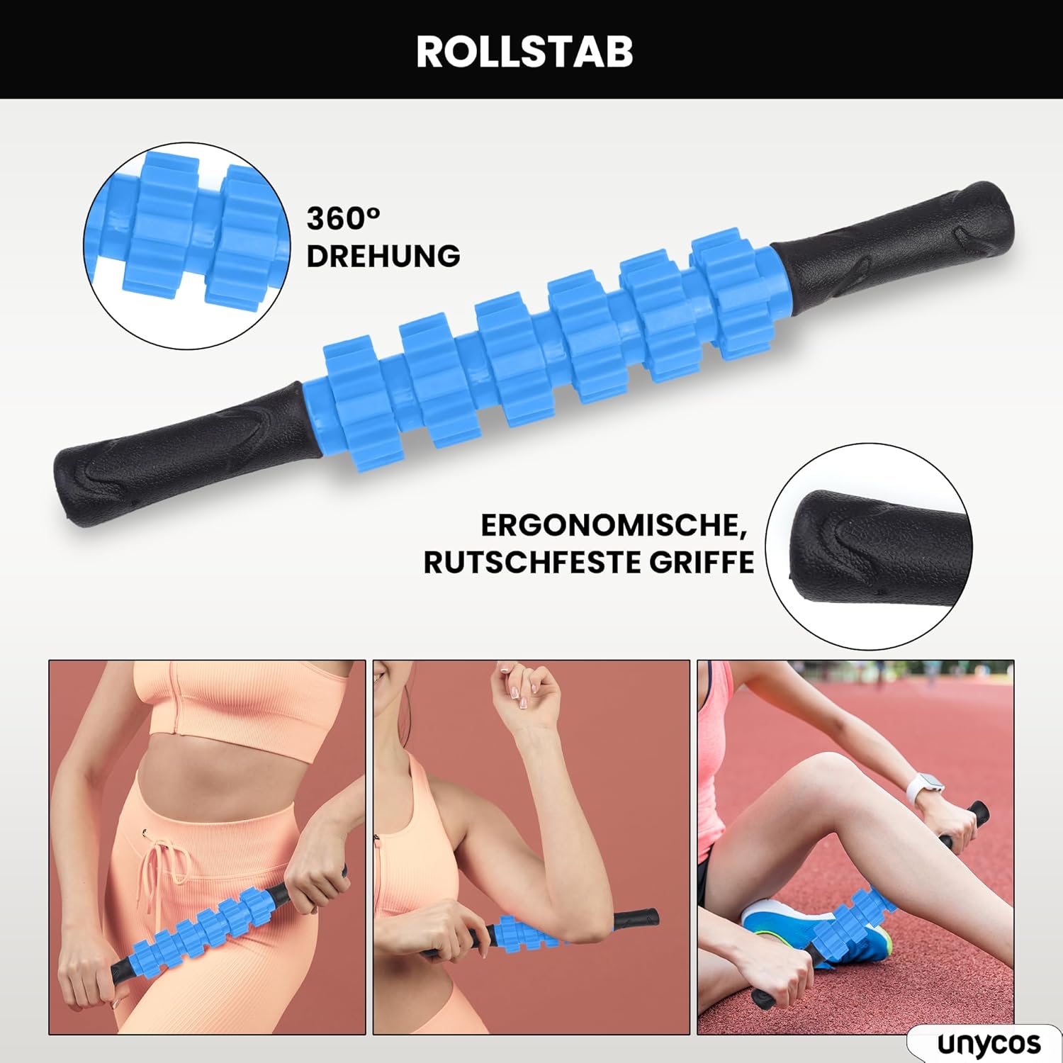 unycos - Faszienrolle 【PP/EVA】5-in-1-Set, Muskelmassagerolle/Schaumstoffrolle, die 120 kg trägt, Fitness-Widerstandsband, Massageball, Rehabilitationsstab, Formseil und Aufbewahrungstasche (blau) – Bild 4