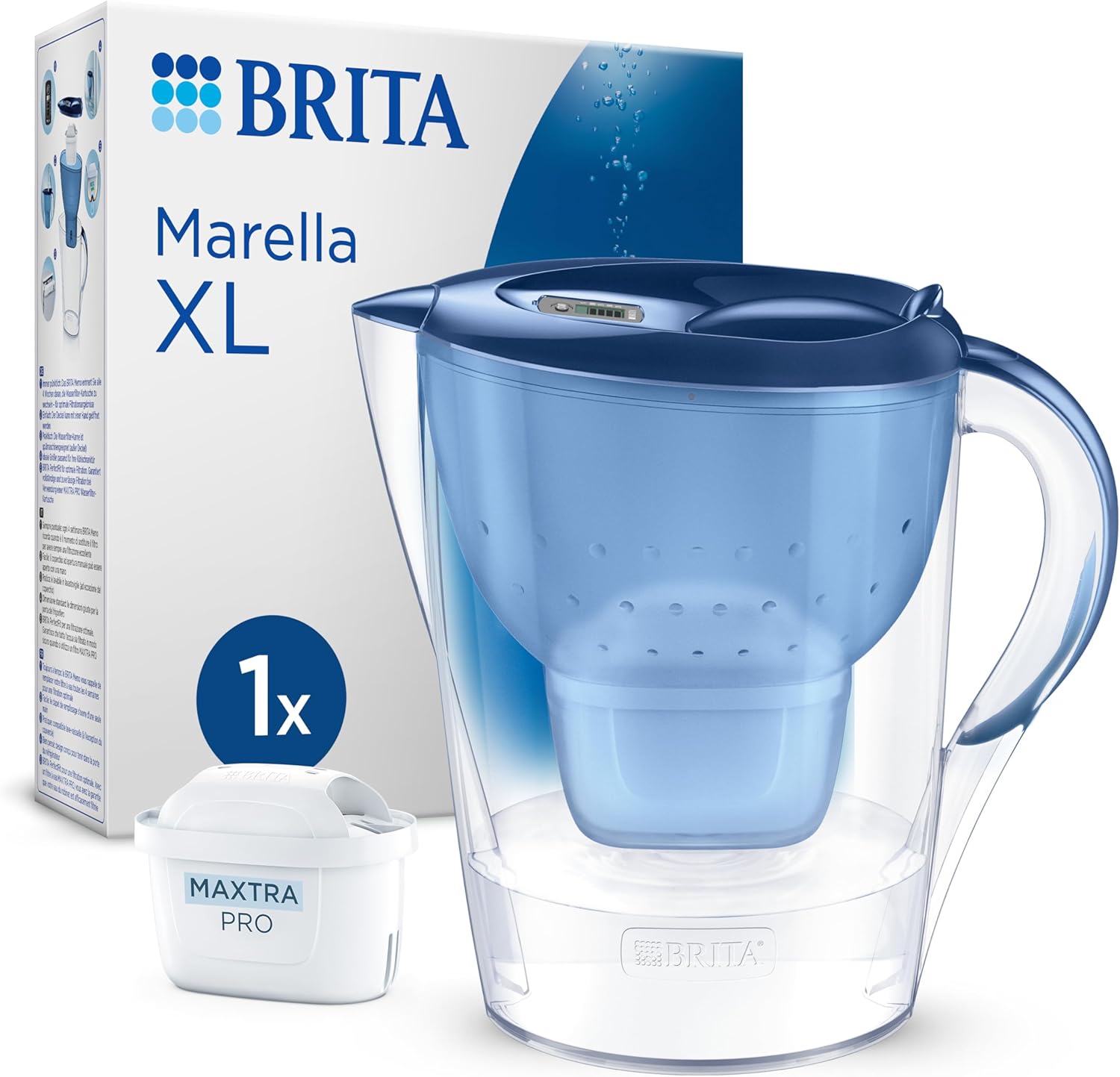BRITA Wasserfilterkanne Marella XL Blau (3,5L) inklusive 1x Maxtra Pro Pure Performance Kartusche – Große Filterkanne mit Smart Light LED & Klappdeckel, filtert Verunreinigungen & mehr