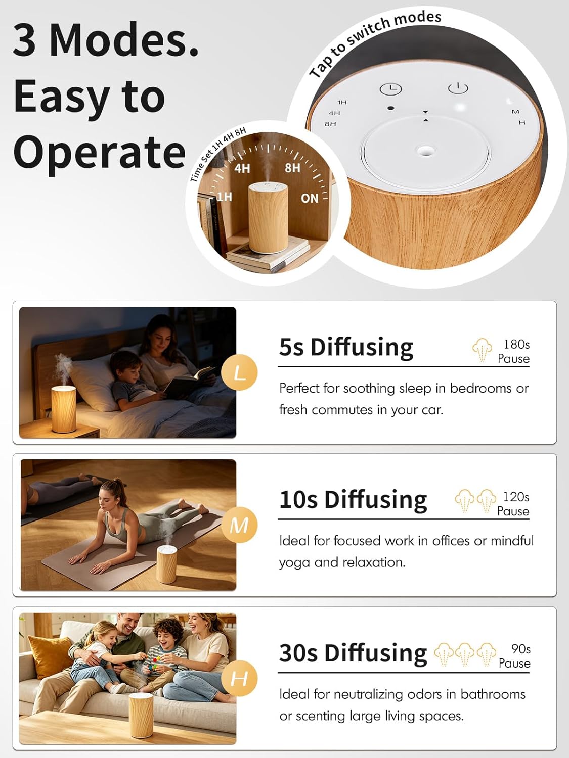 Aroma Diffuser Wasserloser für ätherische Öle: Elektrisch, Kabellos und USB-C Aufladbar – Mobiler Raumduft Diffusor fürs Auto und Zuhause mit Timer-Funktion & 3 Gängen für Aromatherapie Holz-Optik – Bild 3