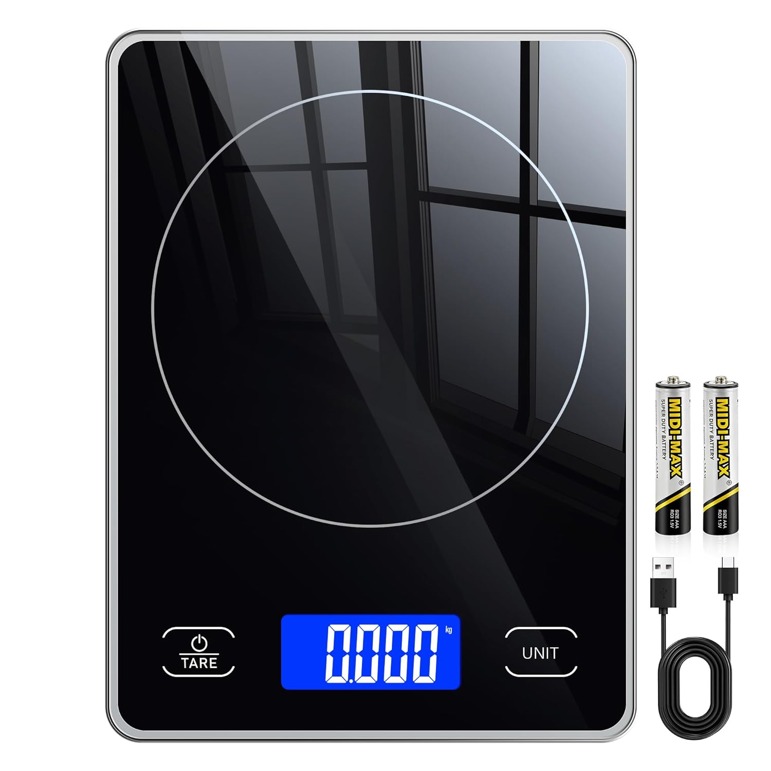 Digitale Küchenwaage mit 15 kg Tragkraft, 5 Einheiten in g/ml/fl'oz, Präzise Küchenwaage mit großem Display, Dual Power (USB-C/Batterie), 1 g hohe Präzision, Tara-Sicherheitsglas zum Backen, Kochen
