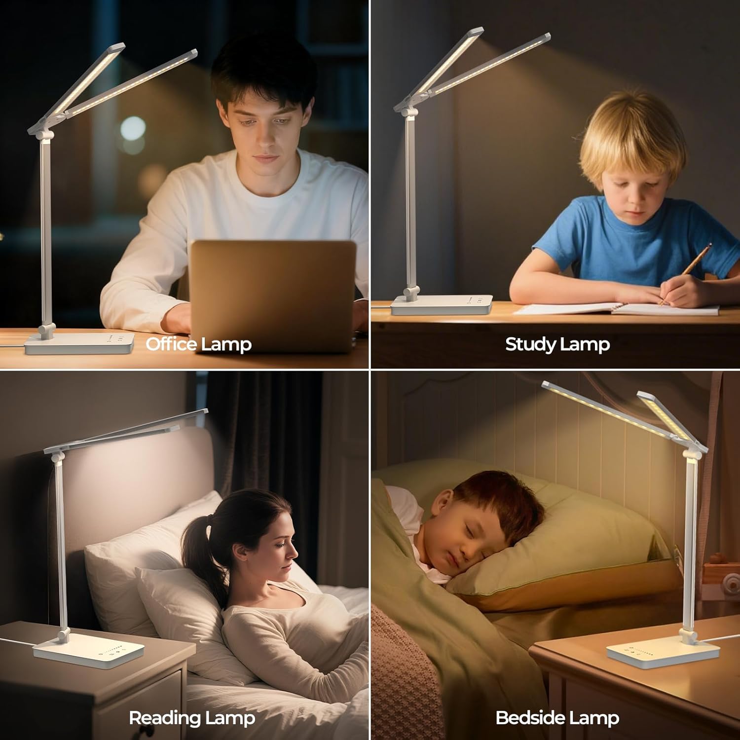 Schreibtischlampe LED 15W Dimmbar mit Augenschutz, 5 Farben und 10 Helligkeitsstufen, mit Adapter-Ladefunktion, Timer-Funktion, Memory-Lesemodus, Tischlampe für Kinderzimmer, Büro (Weiß) – Bild 8