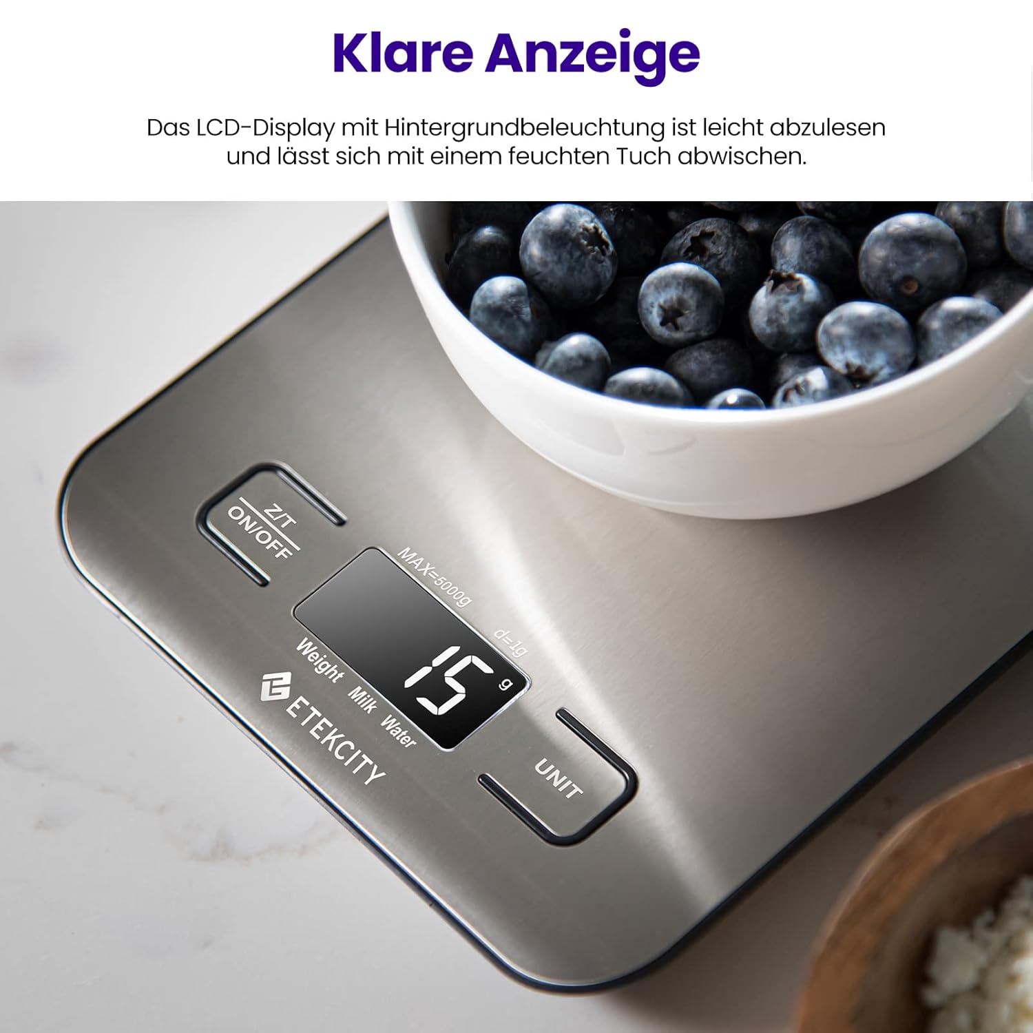 ETEKCITY Digitale Küchenwaage – Edelstahl 304 – Intelligente Küchenwaage in Lebensmittelqualität – Leicht zu reinigen – Präzisionswaage mit beleuchtetem LCD – Klare und leicht ablesbare Lebensmittelskala – Bild 3
