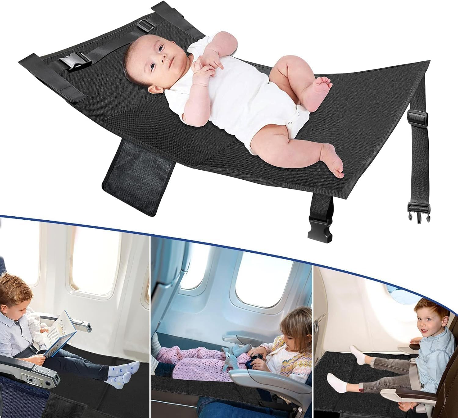 Sitzverlängerung Flugzeug Kinder, Kinderflugzeug-Fußstütze Kleinkinder, tragbare Fußstütze für Kurzstrecken-Flugreisen, Schwarz – Bild 4