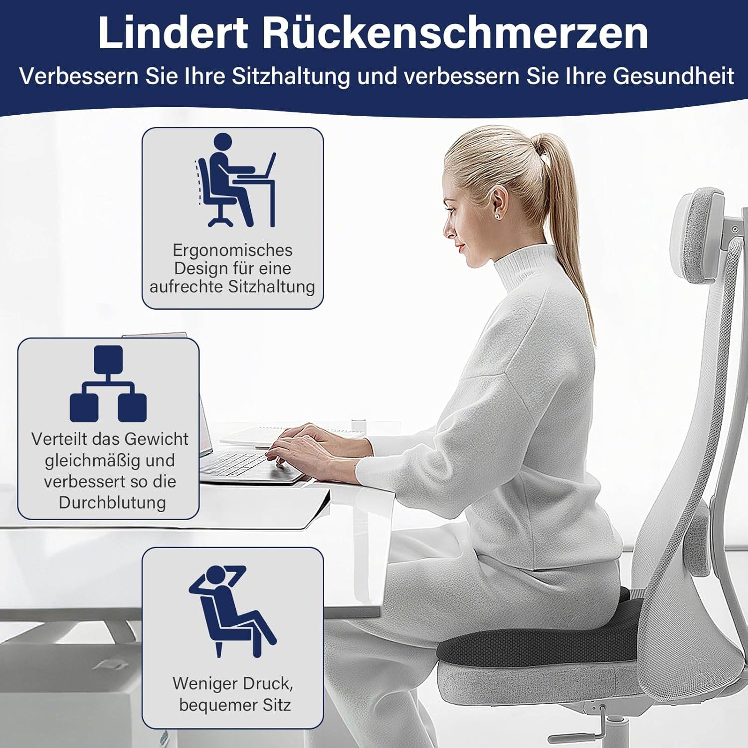 Orthopädisches Sitzkissen, ergonomisches Sitzkissen, Bürostuhl, Steißbeinkissen, Entlastung, bequemes Sitzkissen, Stuhl, Stressabbau, Stuhlkissen, Sitzpolster für Auto, Büro, Schwarz – Bild 7