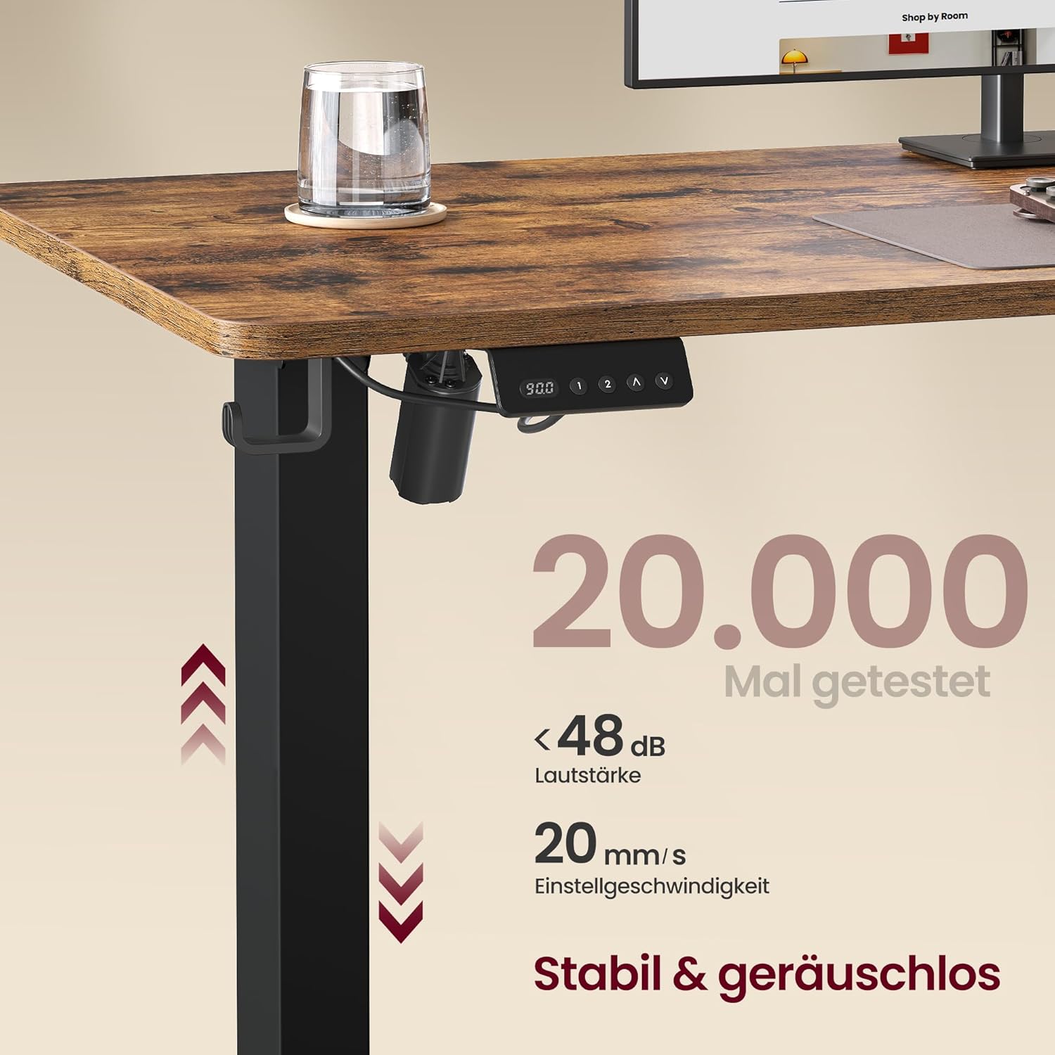 VASAGLE Höhenverstellbarer Schreibtisch, 190 x 155 cm, L-förmiger Eckschreibtisch, Stehpult, 2 AC-Steckdosen, 2 USB-A-Anschlüsse, Steckdosenleistenablage, für Büro, Vintage-Braun LSD295KD01 – Bild 5