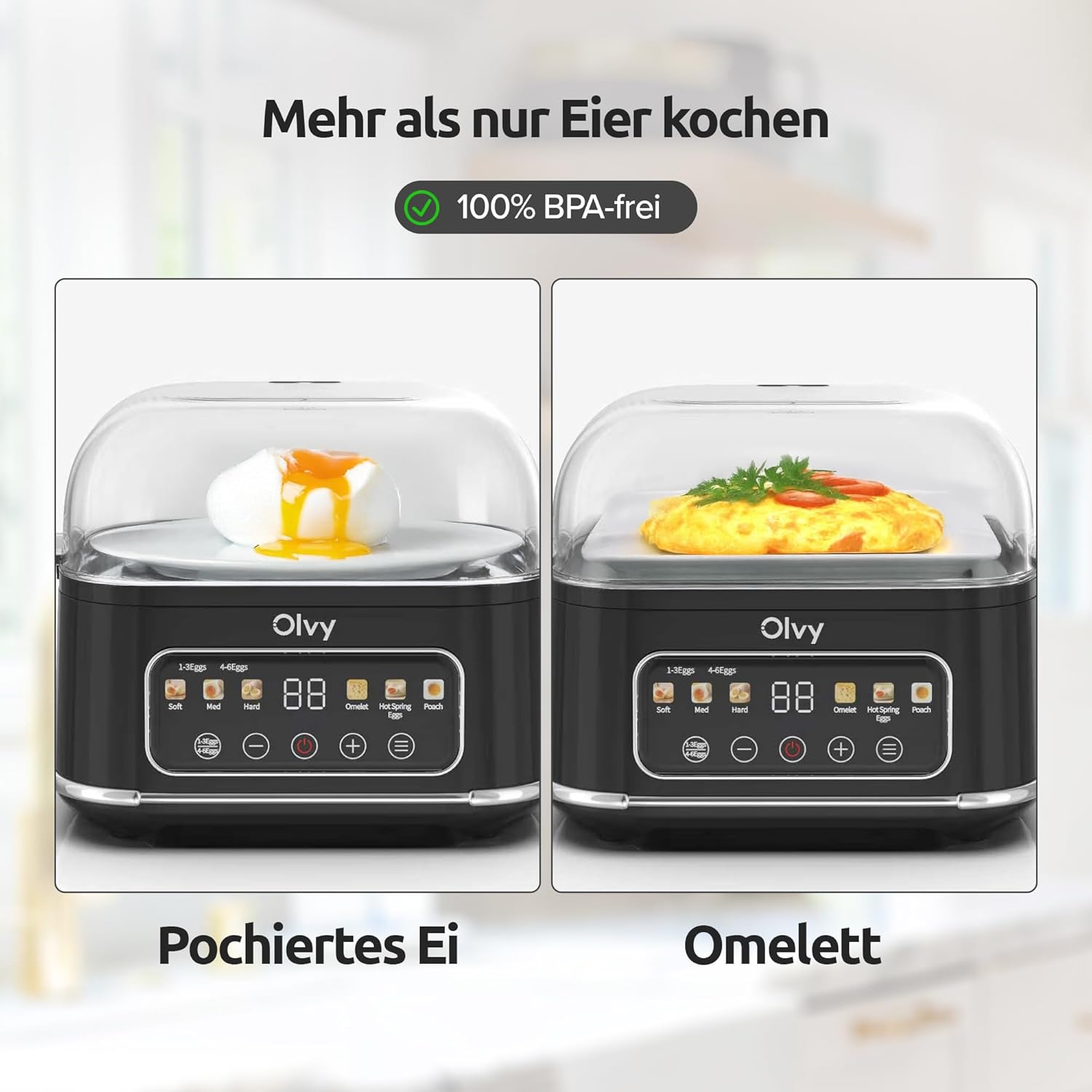 Automatischer Eierkocher von Olvy für 6 Eier – professioneller 6-in-1-Eierkocher mit LCD-Timer und Dampfgarer – ideal für Camping, mit automatischer Abschaltung und spülmaschinenfesten Teilen – Bild 4
